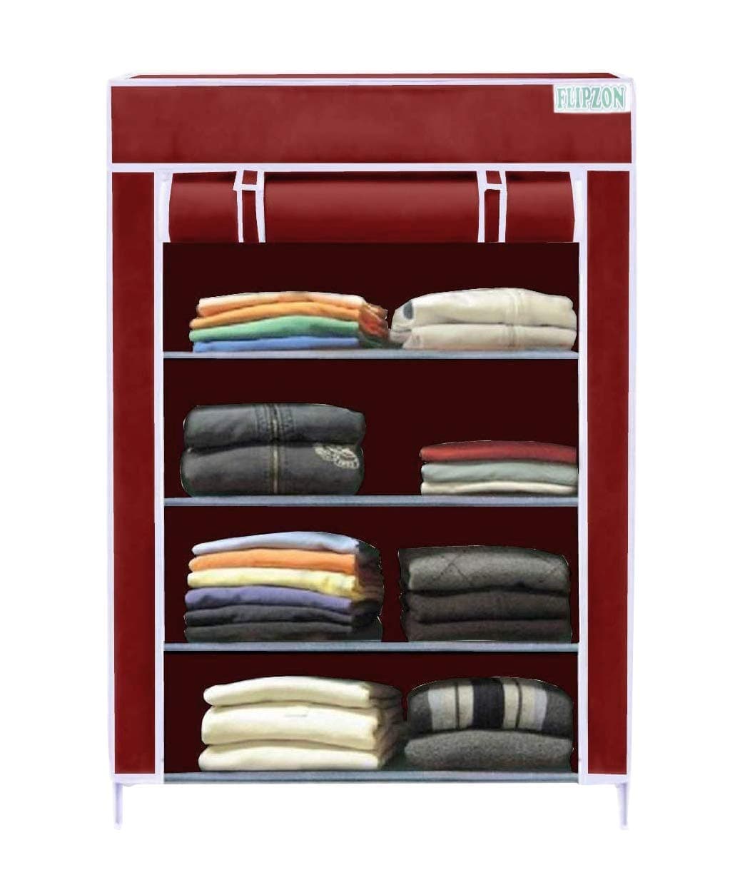 FLIPZON | 4 Shelves Baby Foldable Wardrobe | Multipurpose Storage Rack with Dustproof Zip Cover (Iron and Non Woven Fabric) Maroon