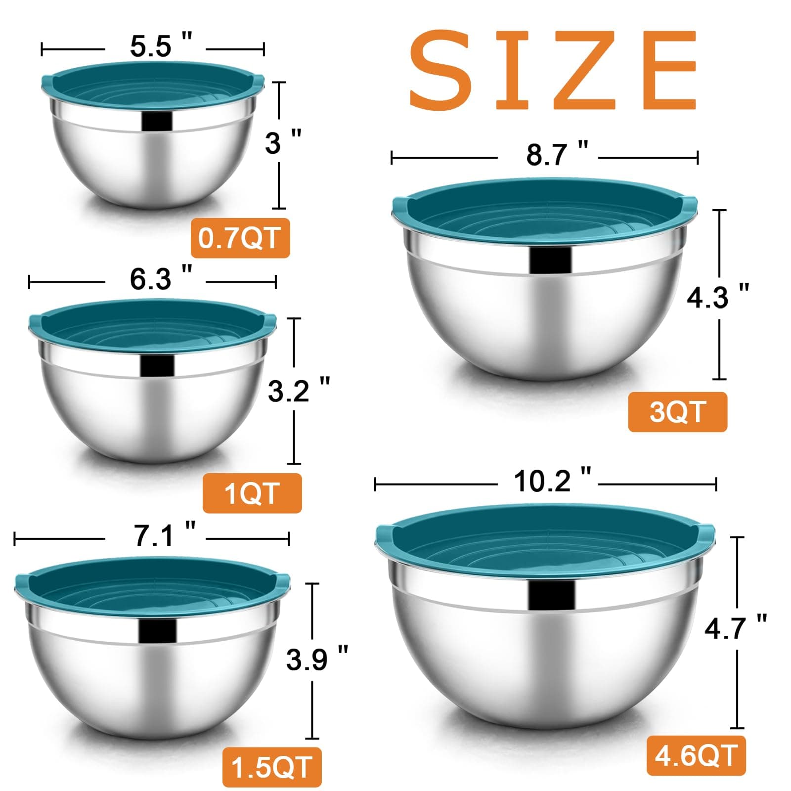 E-far Mixing Bowls with Teal Blue Lids Set of 5, Stainless Steel Mixing Bowls Metal Nesting Bowls with Airtight Covers for Cooking, Baking, Serving, Storage - Size 0.7/1/1.5/3/4.6QT - Dishwasher Safe