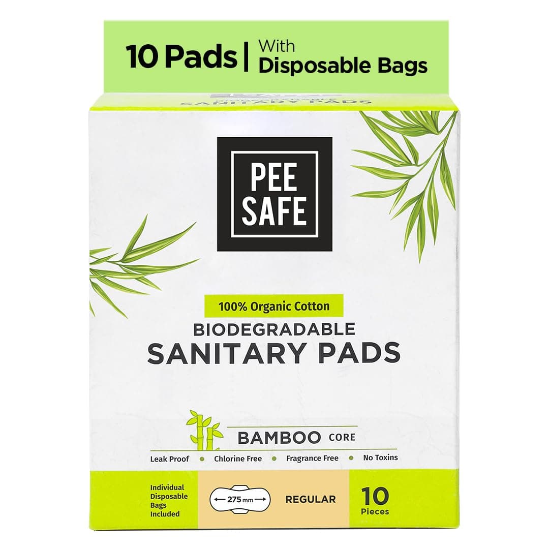 Pee Safe Biodegradable Sanitary Pads - Regular (Pack of 10) | 100% Organic Cotton & Bamboo Pulp