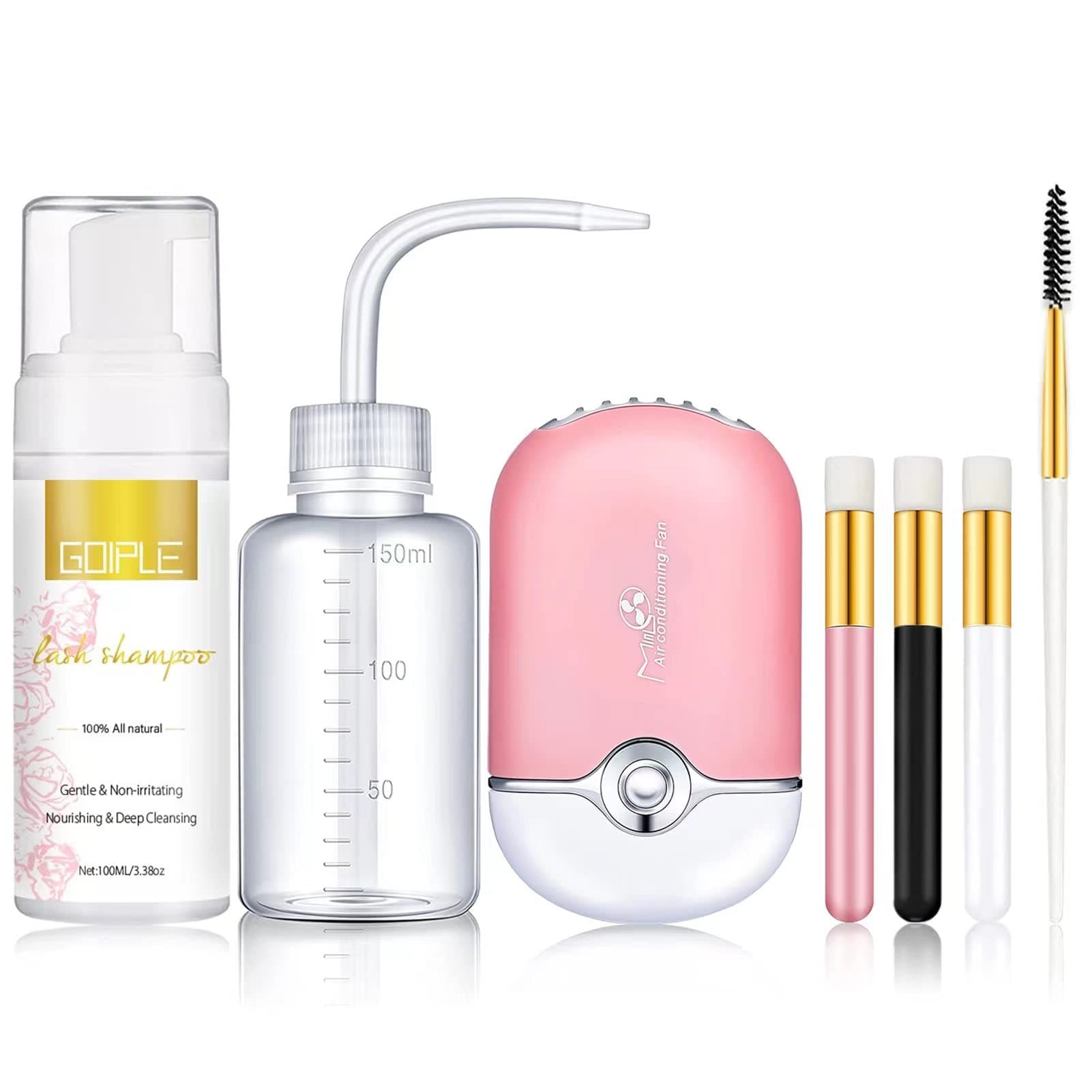 3.38OZ Eyelash Extension Cleanser Lash Mousse Lash Shampoo for Extensions, USB Mini Portable Fan Rechargeable Electric Handheld Air Conditioning Lash Shampoo Brush Plastic Wash Bottle (lash fan-pink)