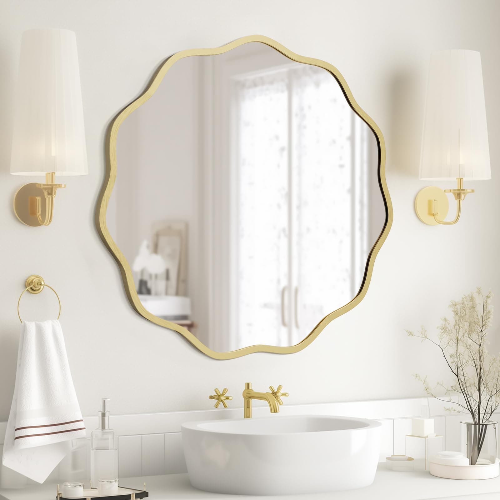 WallBeyond Round Wavy Mirror for Wall Decorative 24 inch, Modern Round Mirror Aluminum Frame for Bathroom Bedroom Living Room Home House Office Entryway, Gold