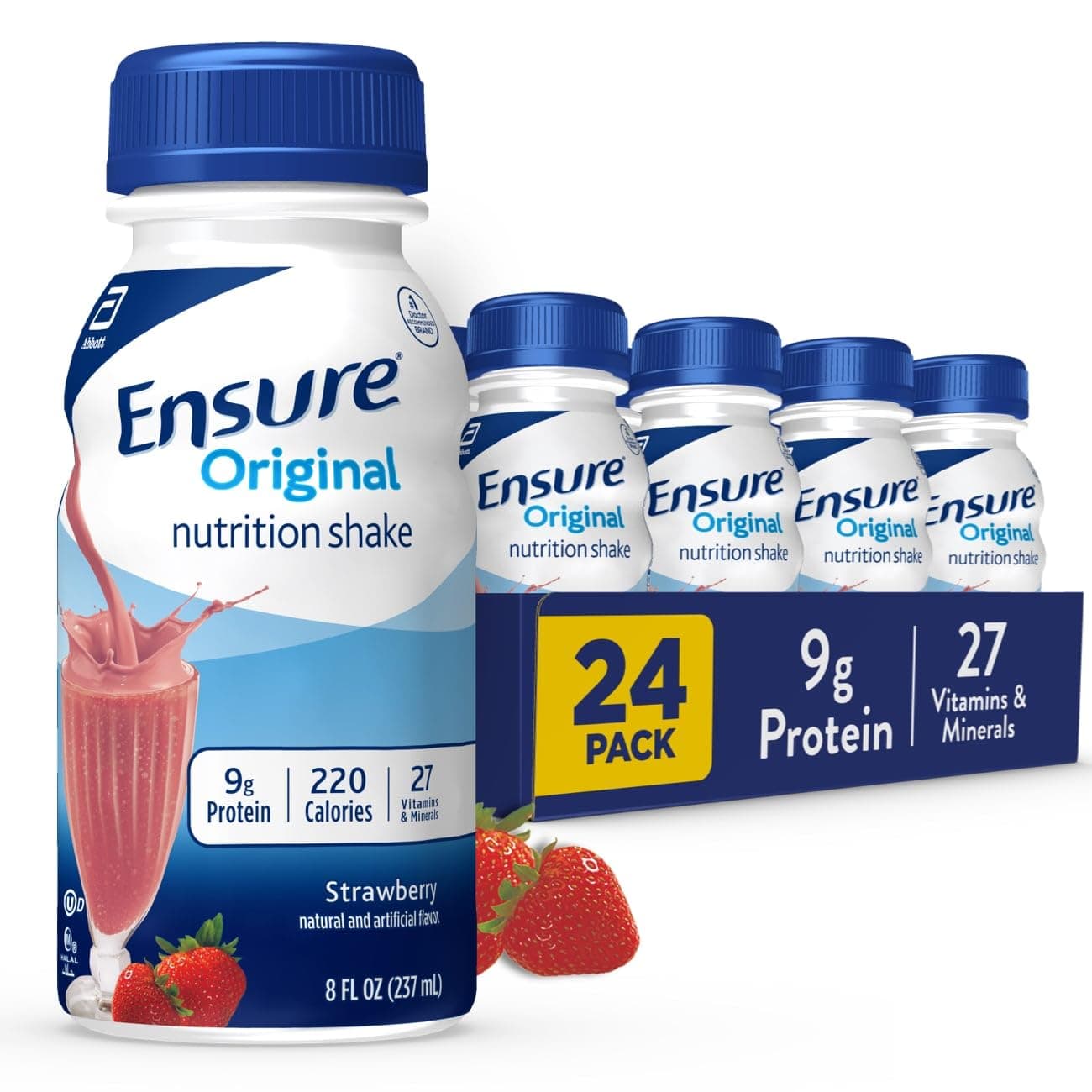 Ensure Original Strawberry Nutrition Shake | Small Meal Replacement Shake | Ready To Drink | 9g Protein, 27 Vitamins and Minerals | 8 fl oz - 24 Pack
