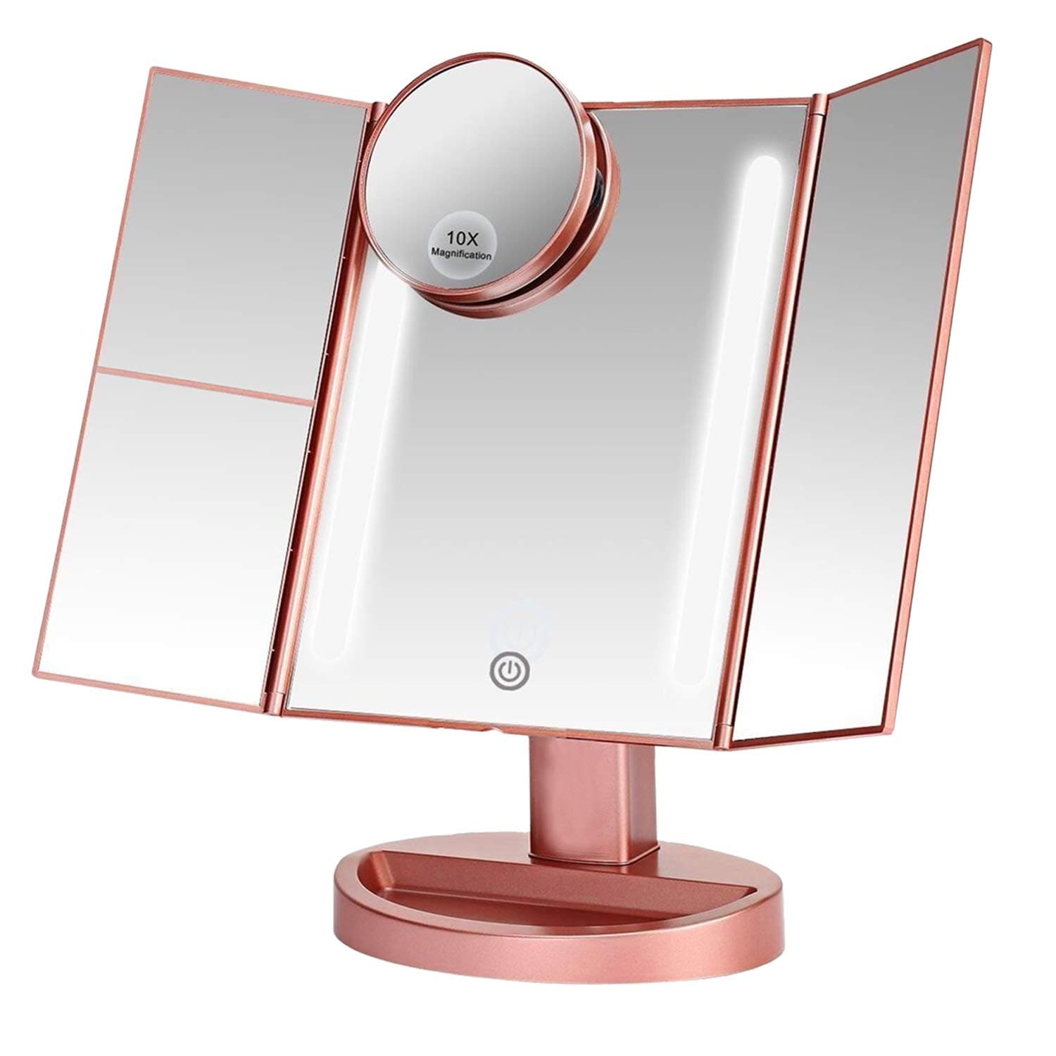 ViewtyOn New 2018 Model Led Lighted Makeup Mirror(Rose Gold) 180 Degree Tri-Fold with10x 3X 2X 1x Magnifying Mirror, Clearner and Brightness Control Touch Screen, Cosmetic Bathroom Mirror