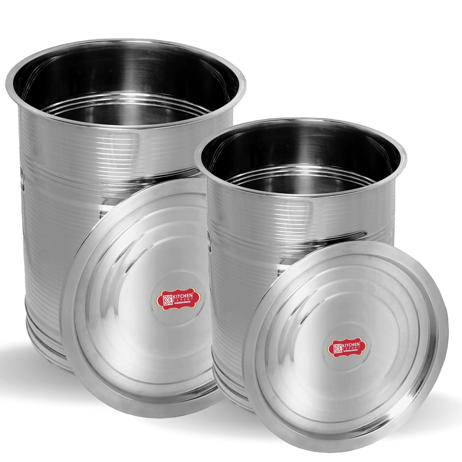 Kitchen Expert Rice Storage Container Set - 20+25 Kg Steel Kothi, Box, Drum, Pawali for Water, Rice, Flour, Atta (Set of 2, Stainless Steel) - Silver