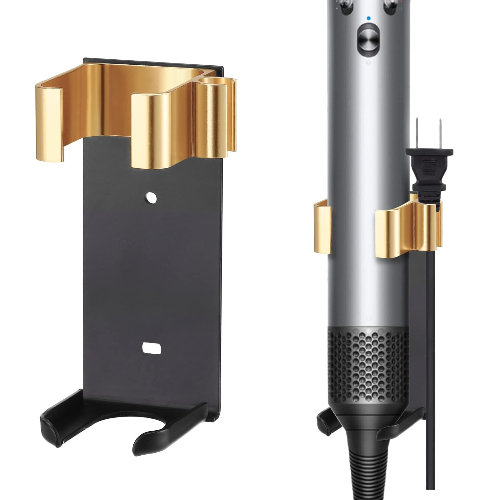 Bracket Compatible with Dyson Airwrap, Metal Wall Bracket for Curling Iron, Straightening Iron, Aluminium (Black & Gold)