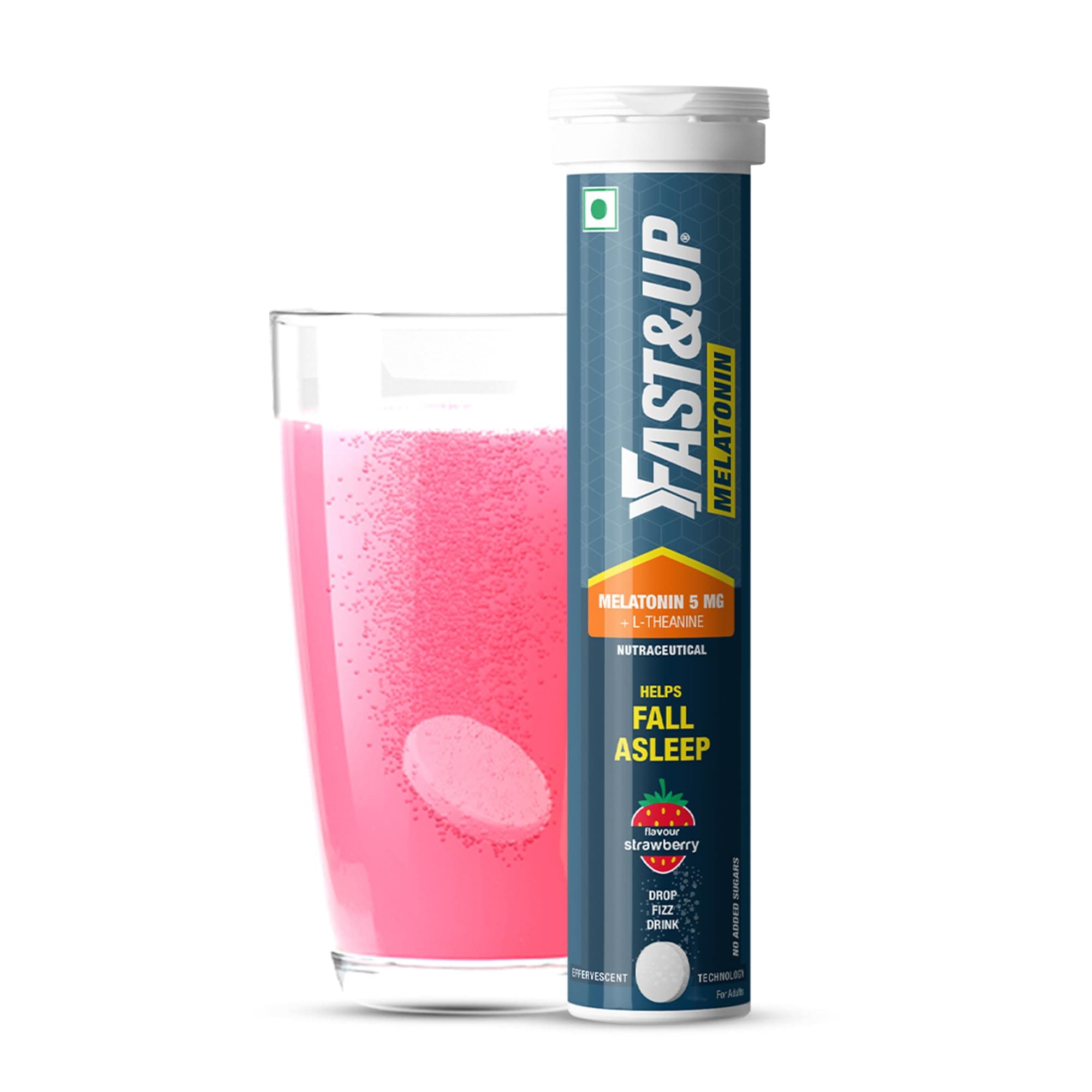 Fast&Up Melatonin with 5 mg Melatonin + 100 mg L-Theanine (20 Effervescent tablets) | Helps fall asleep faster & Wake up refreshed | Fast Acting, 100% Natural, Non-Addictive - Strawberry flavour