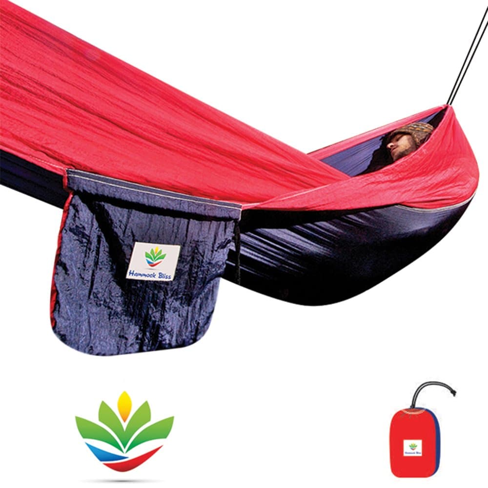 Hammock Bliss Single - Quality You Can Trust - 100" Rope Per Side Included - Portable Hammock Ideal for Camping, Backpacking, Kayaking & Travel (Navy/Red)