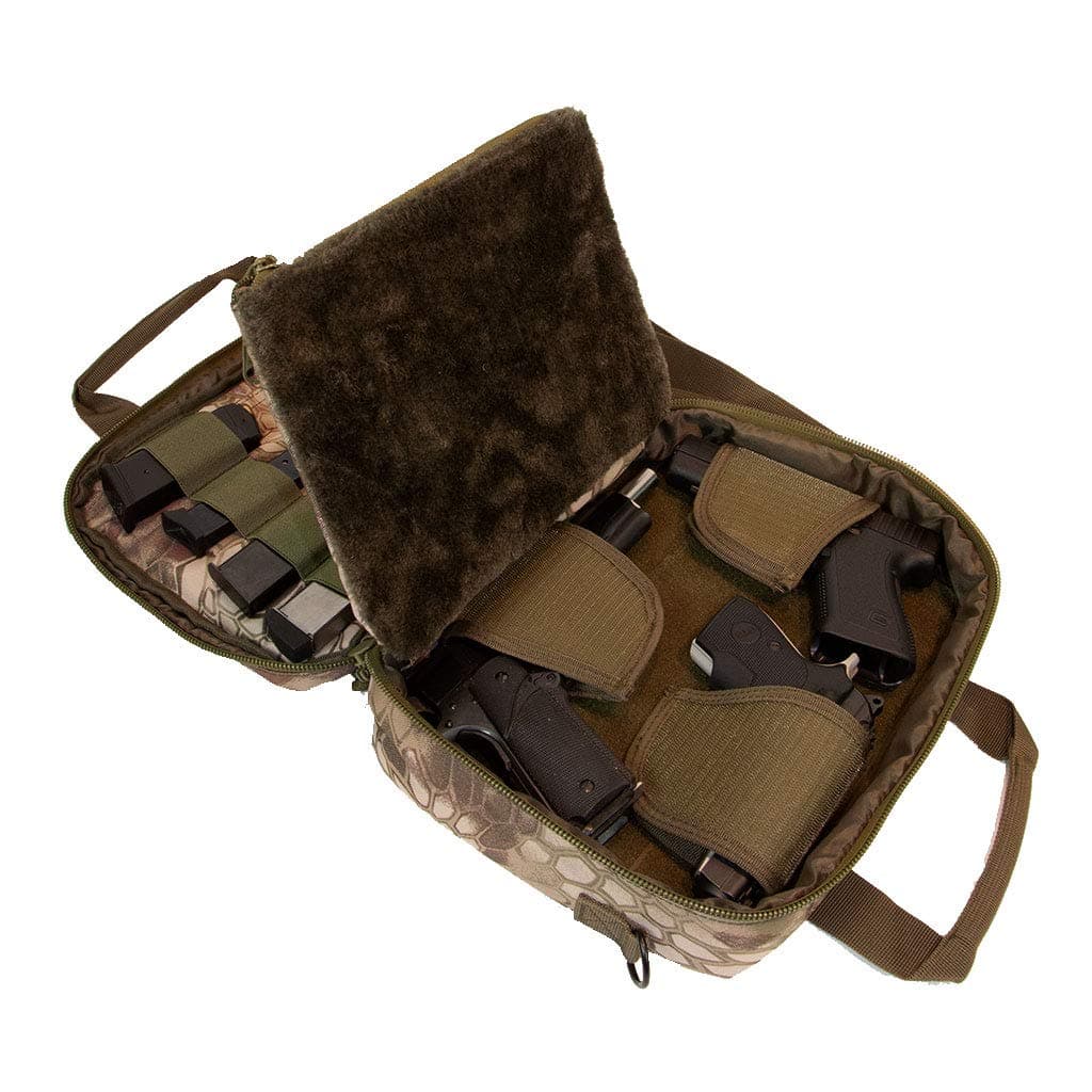 Pistol Case Range Bag for Handguns by FirstChoice; 2-4 Gun Padded Tactical Handgun Soft Case, Lockable Zippers w/Padlock, 3 Mini-Holsters, 8 Mag Slots, 4 Pockets, Range Mat (Green Kryptek Camo)