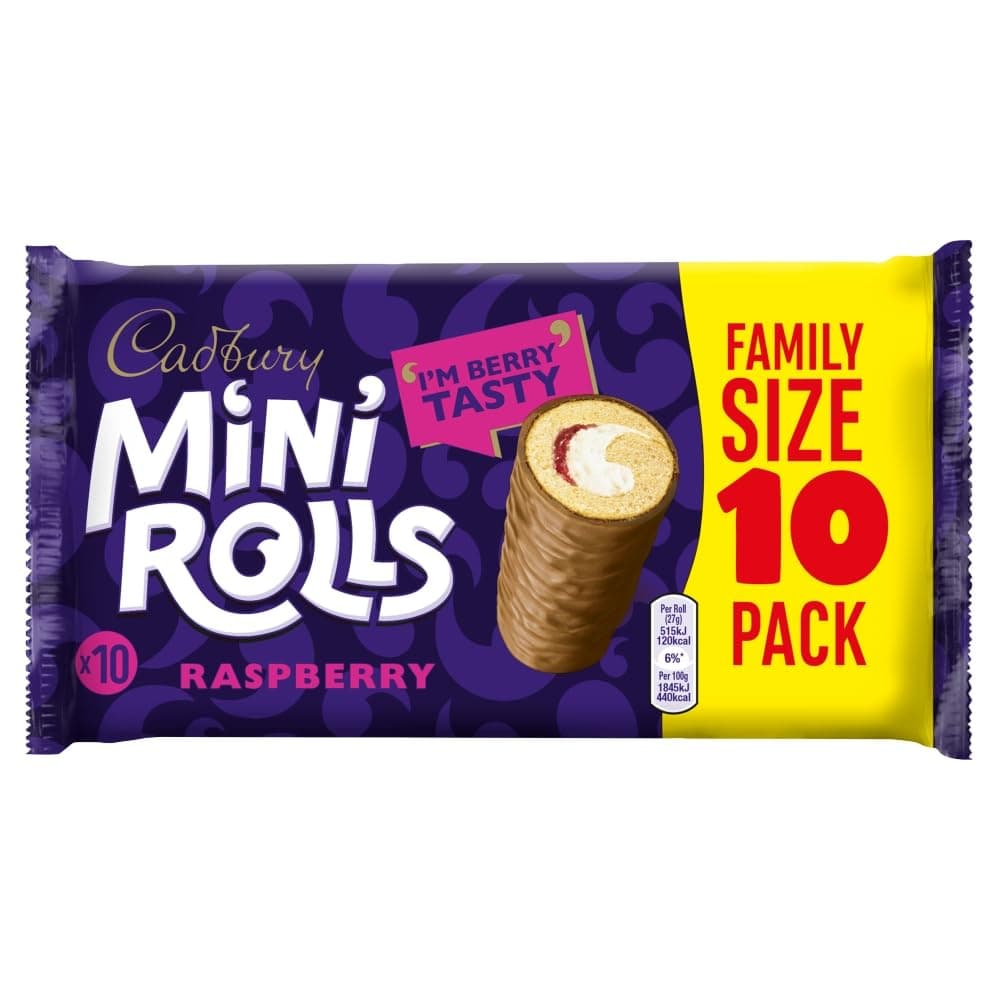 Cadbury Mini Rolls Raspberry Tarts, Chocolate Coated Sponge Cakes With Raspberry Flavoured Filling, 10 Individually Wrapped Snack Bars (Pack of 1)