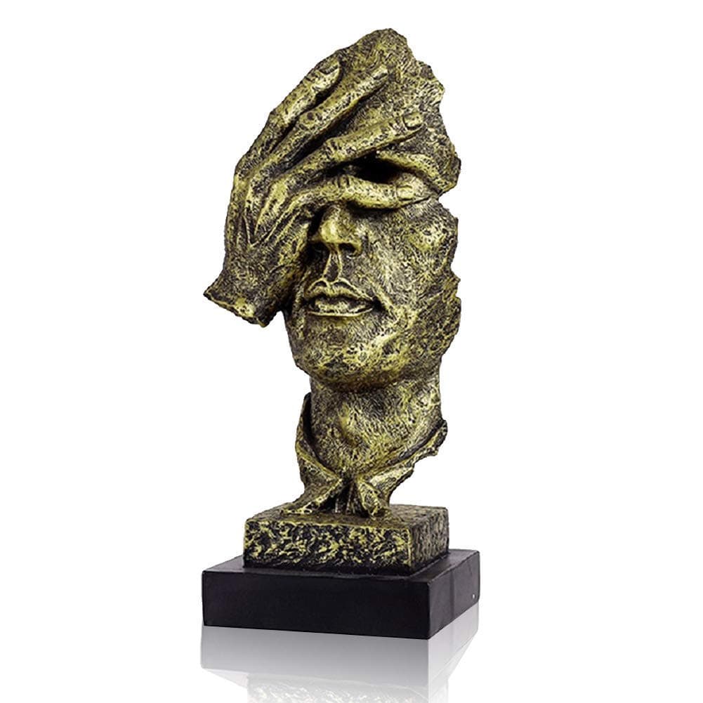 LEPENDOR Abstract and Creative Desk Decorations The Thinker Statue, Hand & Face Statues and Sculptures for Home Living Room Decor - No See Golden
