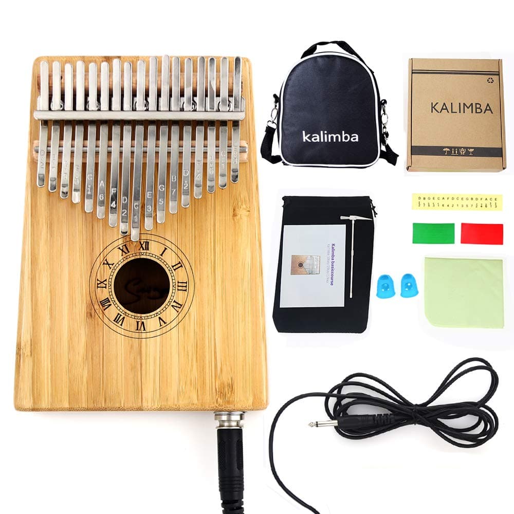 Electric Kalimba 17 key Thumb Piano Solid Bamaboo Gloss Hand Pianos with Pickup 10 Foot Cable Carrying Bag for Beginner Mbira Kalimbas Gift