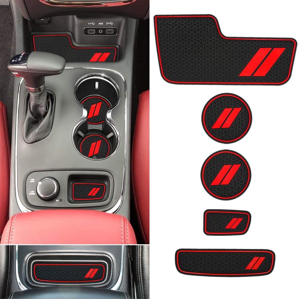 Auovo Auto Cup Holder Inserts Coaster Fit for Dodge Durango 2020 2019 2018 2017 2016 2015 2014 Accessories Custom Fit Cup Liners Mats Interior Decoration (5pcs/Set, Red Trim) (Red)