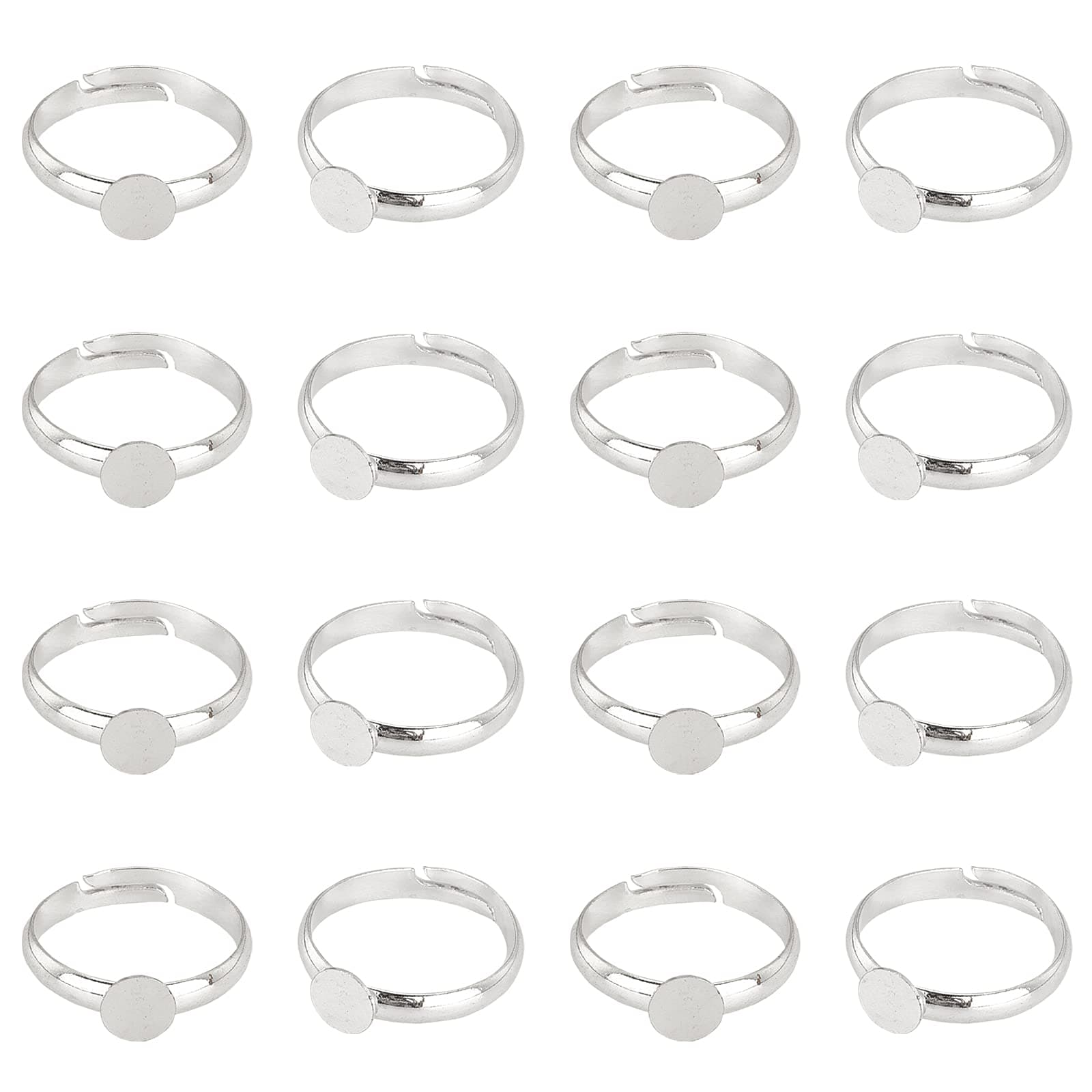 PH PandaHall 40pcs Adjustable Blank Rings, Silver Rings Base Pad Brass Finger Ring Settings Components with 6mm Round Pad for Jewellery Ring Cabochon Making Valentine Wedding Gift