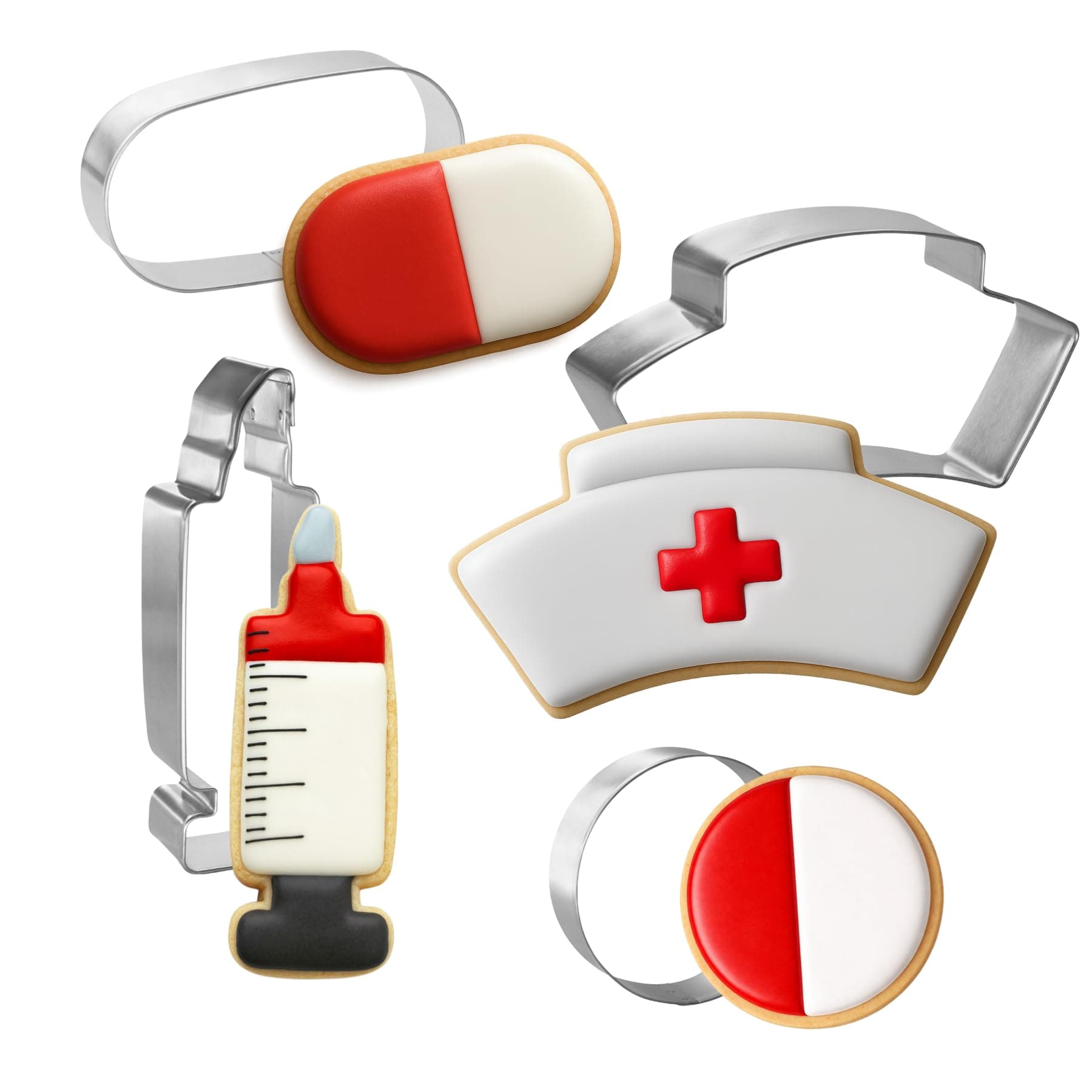 Foose Cookie Cutters 4 Piece Nurse Cookie Cutter Set Hat, Syringe, Circle Pill, Oval Tablet, USA