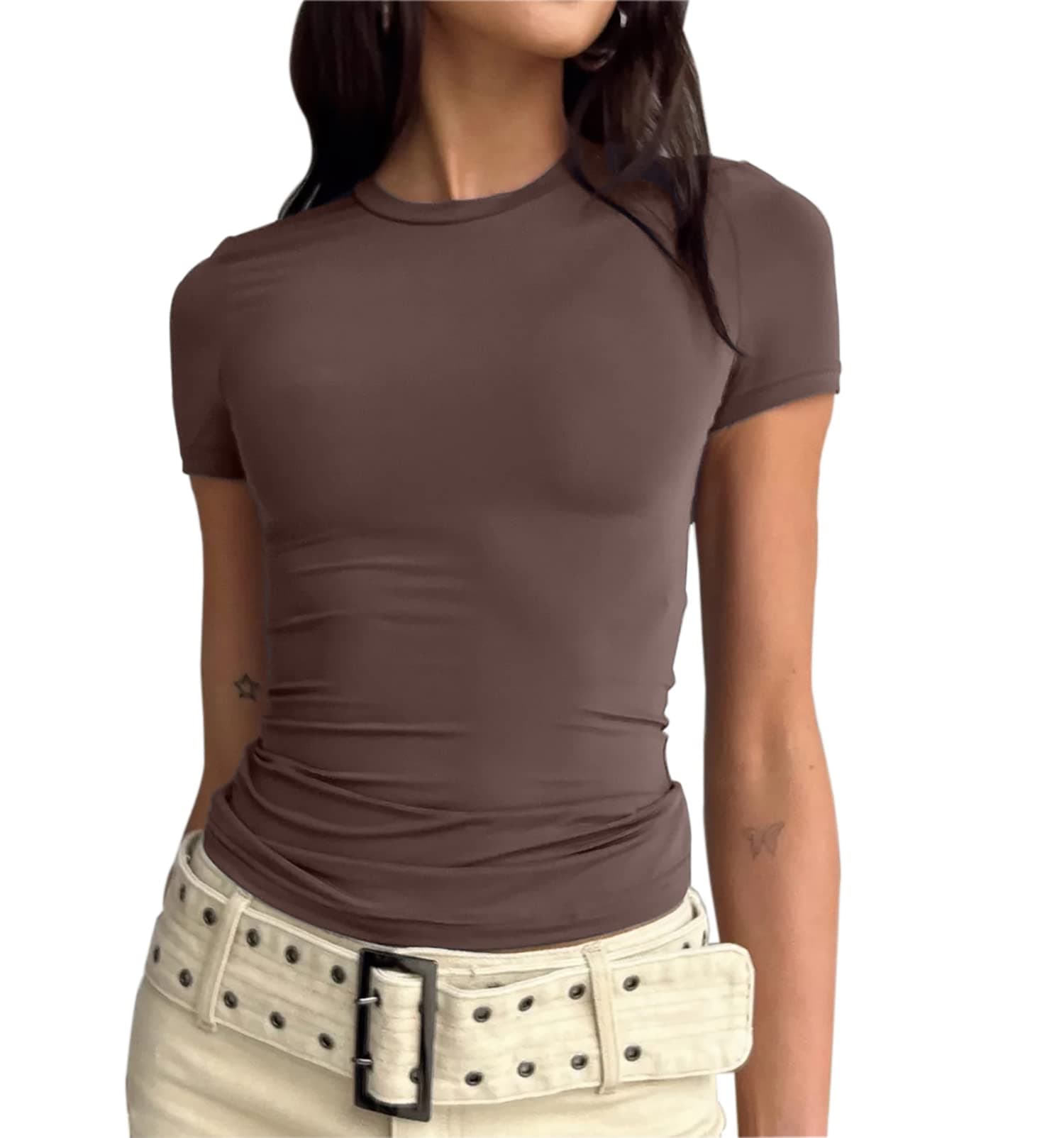 Women’s Basic Slim fit Crop Top Tee Shirt Short Sleeve Workout Round Neck Cropped Tshirt