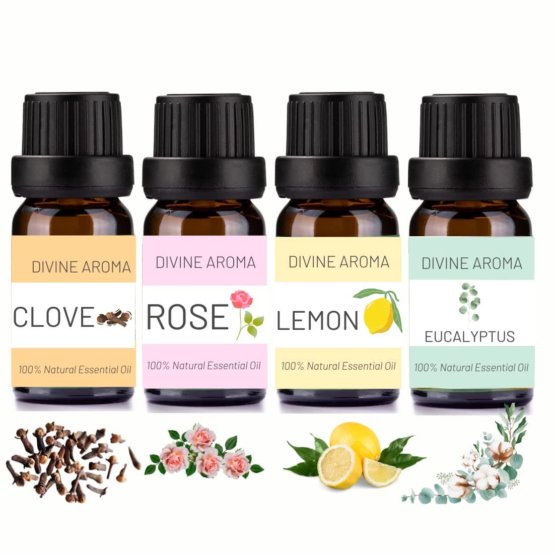 Smell Training Kit Stimulating Aromatherapy Set 100% Pure & Natural Clove,Rose,Eucalyptus & Lemon Essential Oils Smell Therapy Kit