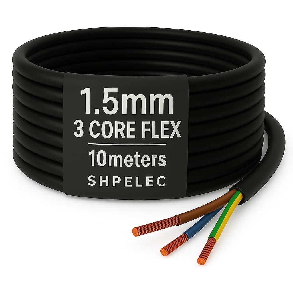 SHPELEC® Flexible Black Cable 3183Y | 1.5mm 3 Core | BASEC Approved PVC for LED Lighting | Multiple Length Options (10 Metres)