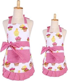 G2PLUS Apron for Women with Pockets, Extra Long Ties Cotton Apron Perfect for Kitchen Cooking, Baking and Gardening (Mama and Me Set)