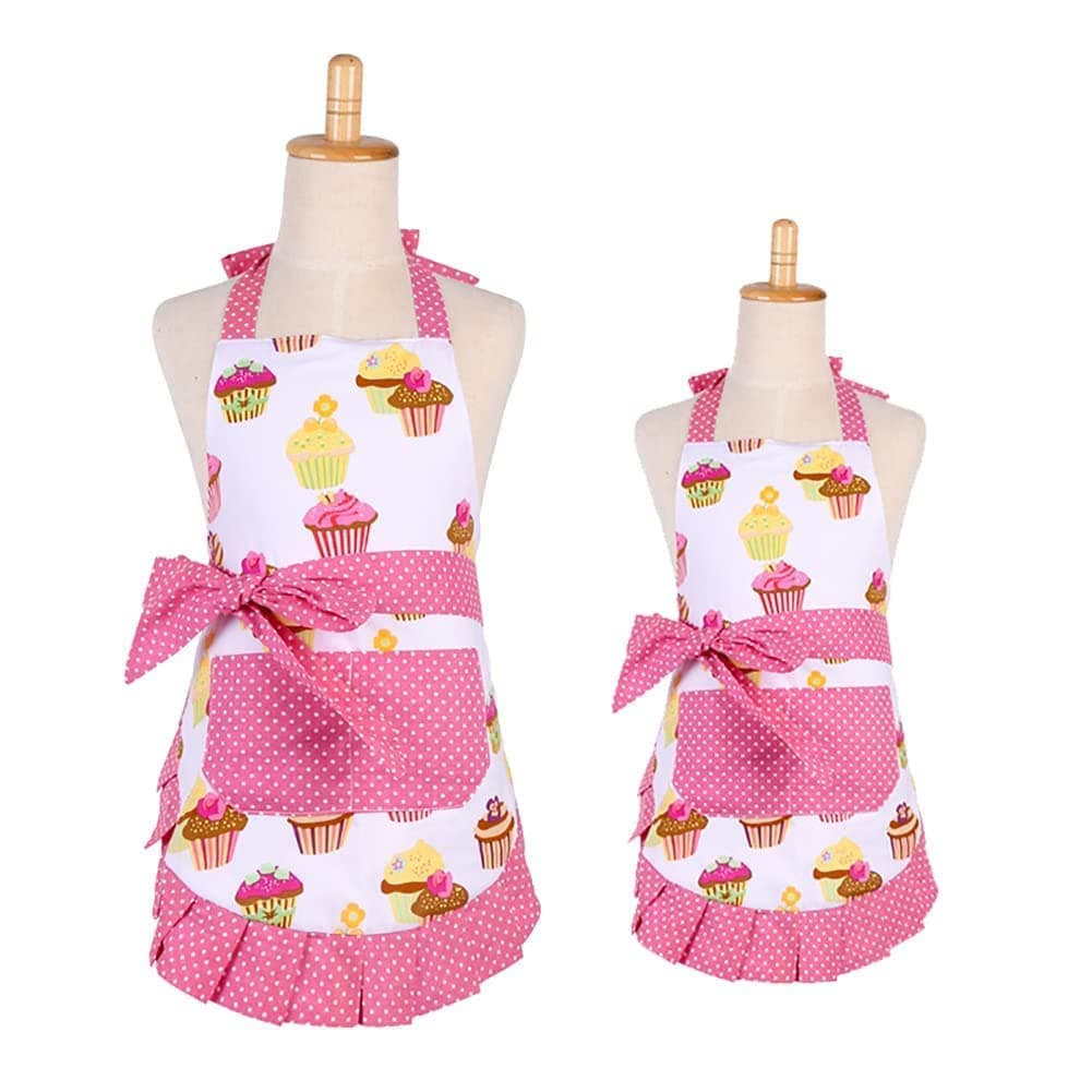 FirstKitchen Apron for Women with Pockets, Extra Long Ties, Cupcake Apron, Perfect for Kitchen Cooking, Baking and Gardening, 29 x 21-inch (Mama and Me Set)