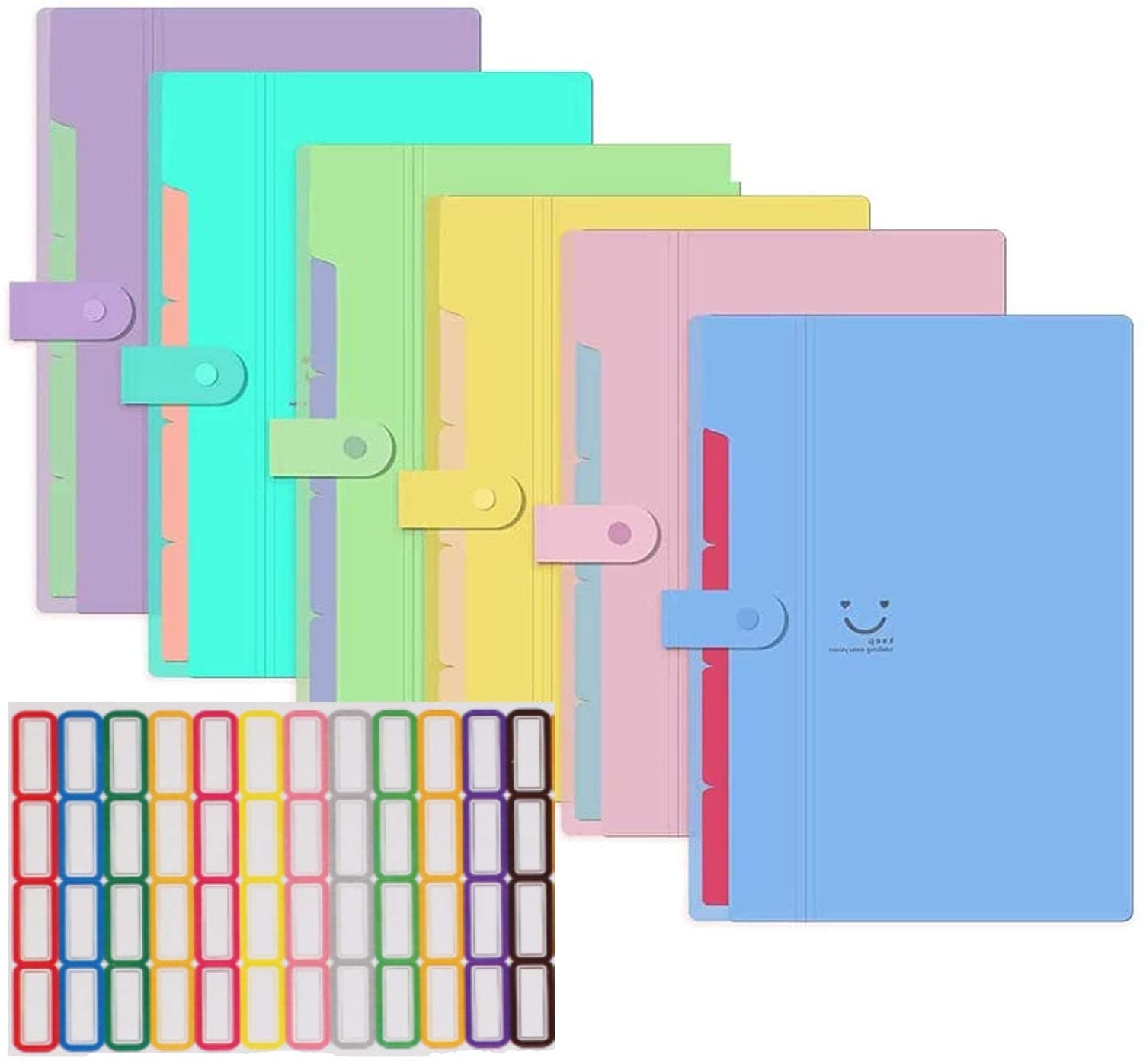 KAHEIGN 6Pcs A4 Expanding File Folders, 5 Pockets File Folder with Snap Closure Letter Size Accordion Document Paper Organizer for Home School Office (with 64Pcs Labels)