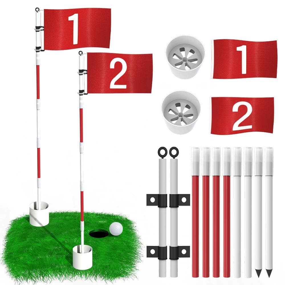 THIODOON Golf Flagstick 6ft Golf Flag and Cup for Yard Pro Detachable Golf Hole Cup and Flag for Driving Range Backyard Upgrade Anti-Rust Glass Fiber 5-Section Design with Connectors (Premium Flagstick Set -2 Pack)