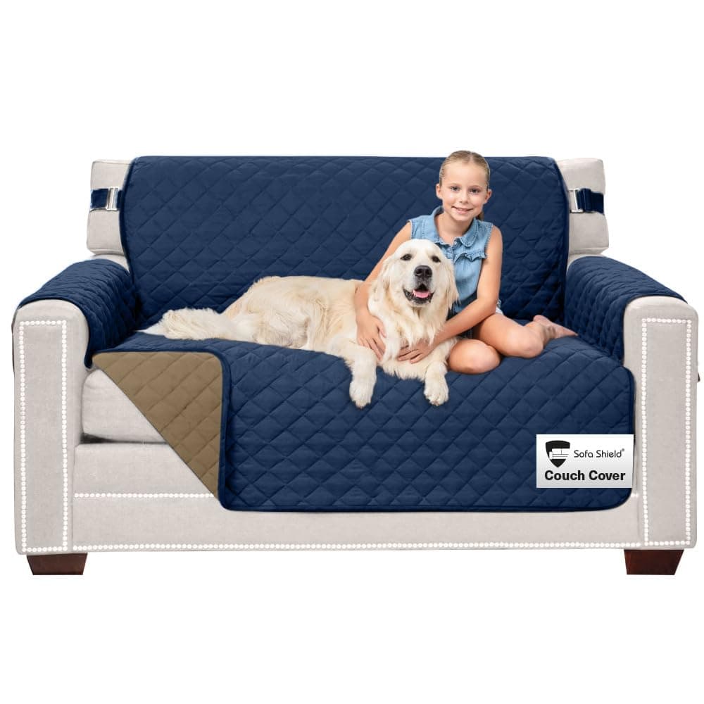 Sofa Shield Patented Loveseat Slip Cover, Large Cushion Protector, Reversible Stain and Dog Tear Resistant Slipcover, Quilted Microfiber 54” Seat, Washable Covers for Dogs Pets Kids, Navy Sand