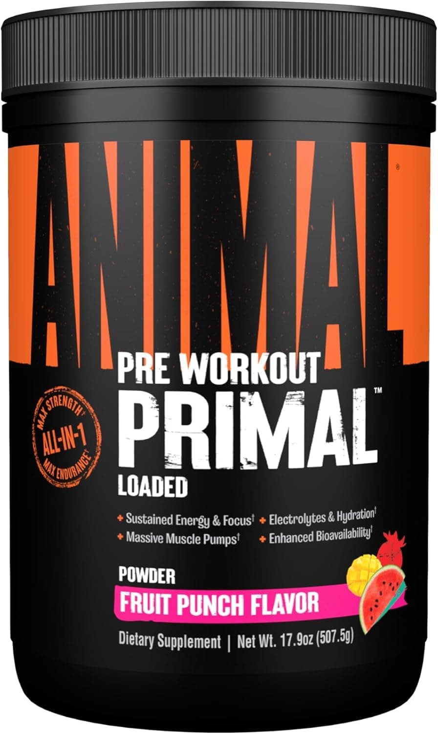 Primal Pre Workout Fruit Punch – Training Booster with 300 mg Caffeine, 3DPUMP, Electrolytes & beta-Alanine – Pre-Workout Powder for Energy, Pump & Focus – Sugar-Free – 507.5 g