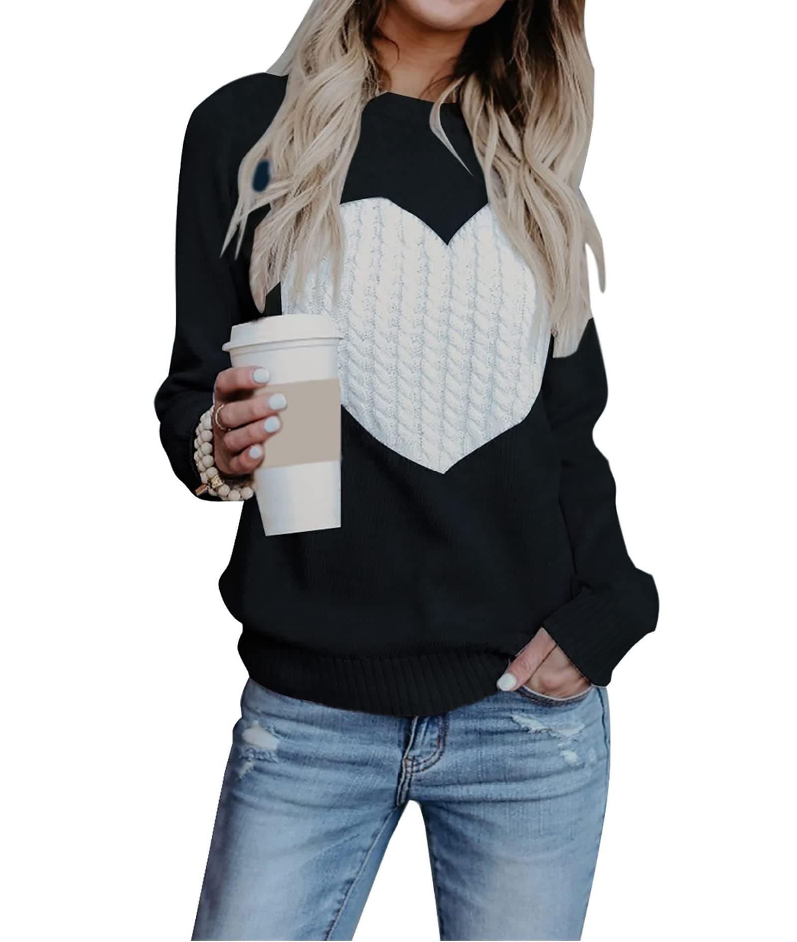 shermie Women's Pullover Sweaters Long Sleeve Crew Neck Cute Heart Knitted Casual Sweater