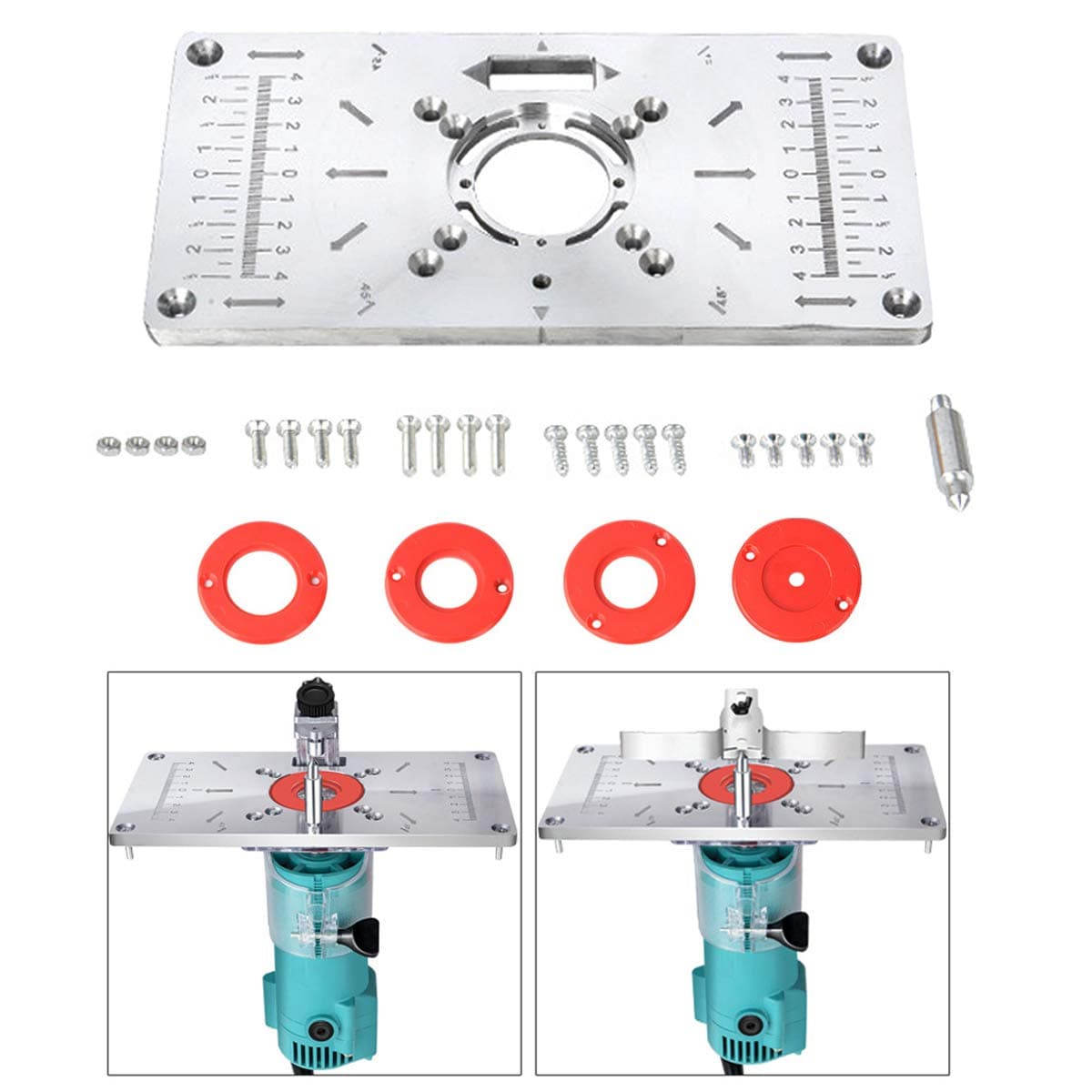 Aluminum Woodworking DIY Router Table Insert Plate&Ring Power Tool Accessories with 4 Rings for Woodworking Benches Flip Chipboard 235mm x 120mm x 8mm(Red)