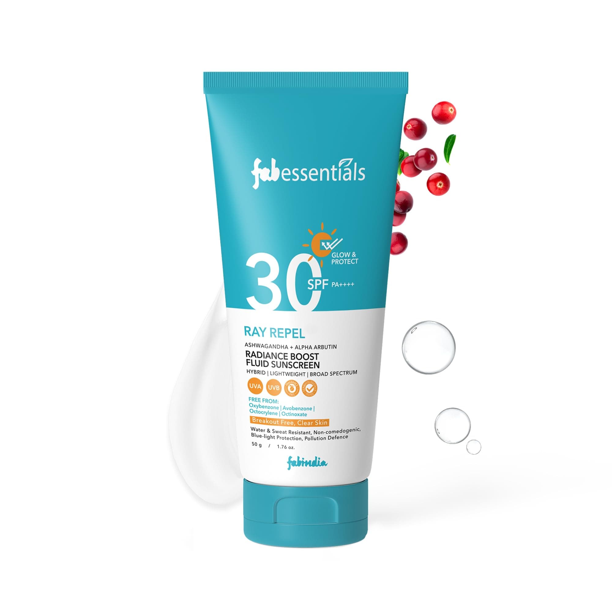 Fabessentials Ray Repel Radiance Boost Sunscreen SPF 30 PA++++ 50g | Lightweight , Water Resistant with Hybrid Broad Spectrum Formula | UVA & UVB Protection, No White Cast, Non-Greasy Finish | Suitable for All Skin Types
