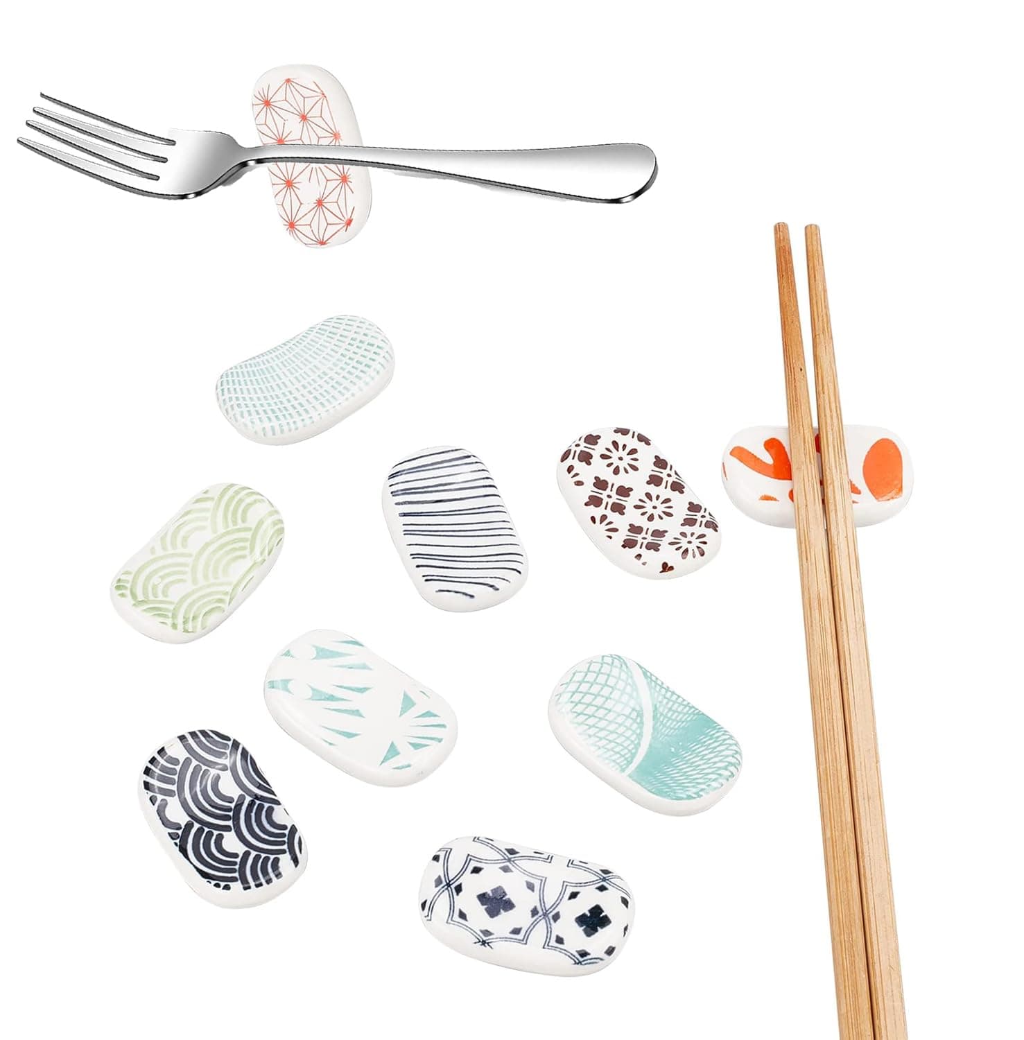 KASTWAVE Chopstick Rests Ceramic Rack Set, Rectangle Hand Painted Japanese Style Chopsticks Holder Dinner Spoon Tableware Rest Set, Festive Porcelain Stand for Dinner Table Decor (10pcs)