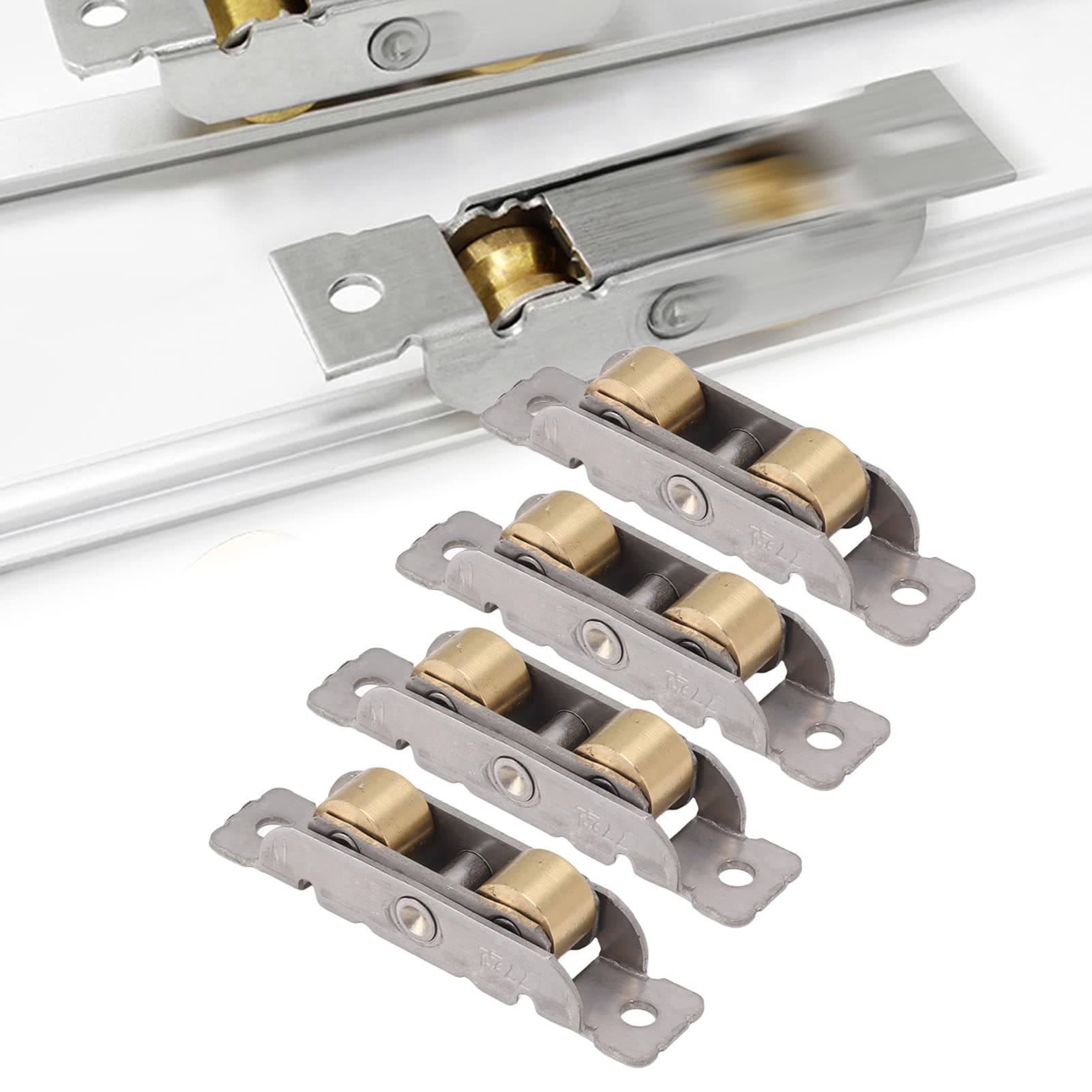 Jiawu Sliding Patio Door Rollers, 4 Pack Heavy Duty Sliding Door Tandem Roller Assembly, Sliding Glass Door Rollers Replacement, Coppe Ball Wheel Bearing, Bathroom Sliding Door Pulleys (Flat Wheel)