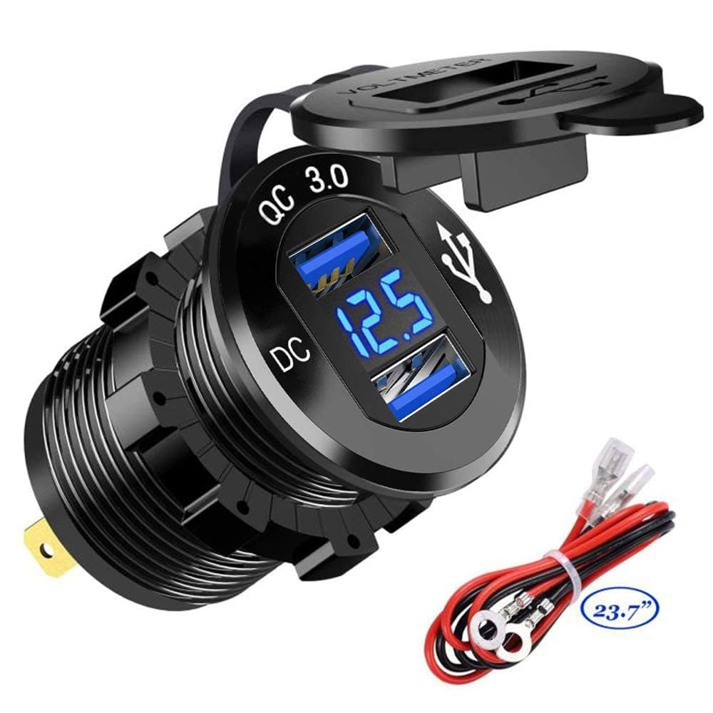 Quick Charge 3.0 Dual USB Car Charger Socket 12V/24V 36W QC3.0 Dual USB Fast Charger Aluminum Socket Power Outlet with LED Voltmeter for Marine, Boat, Motorcycle, Truck, Golf Cart