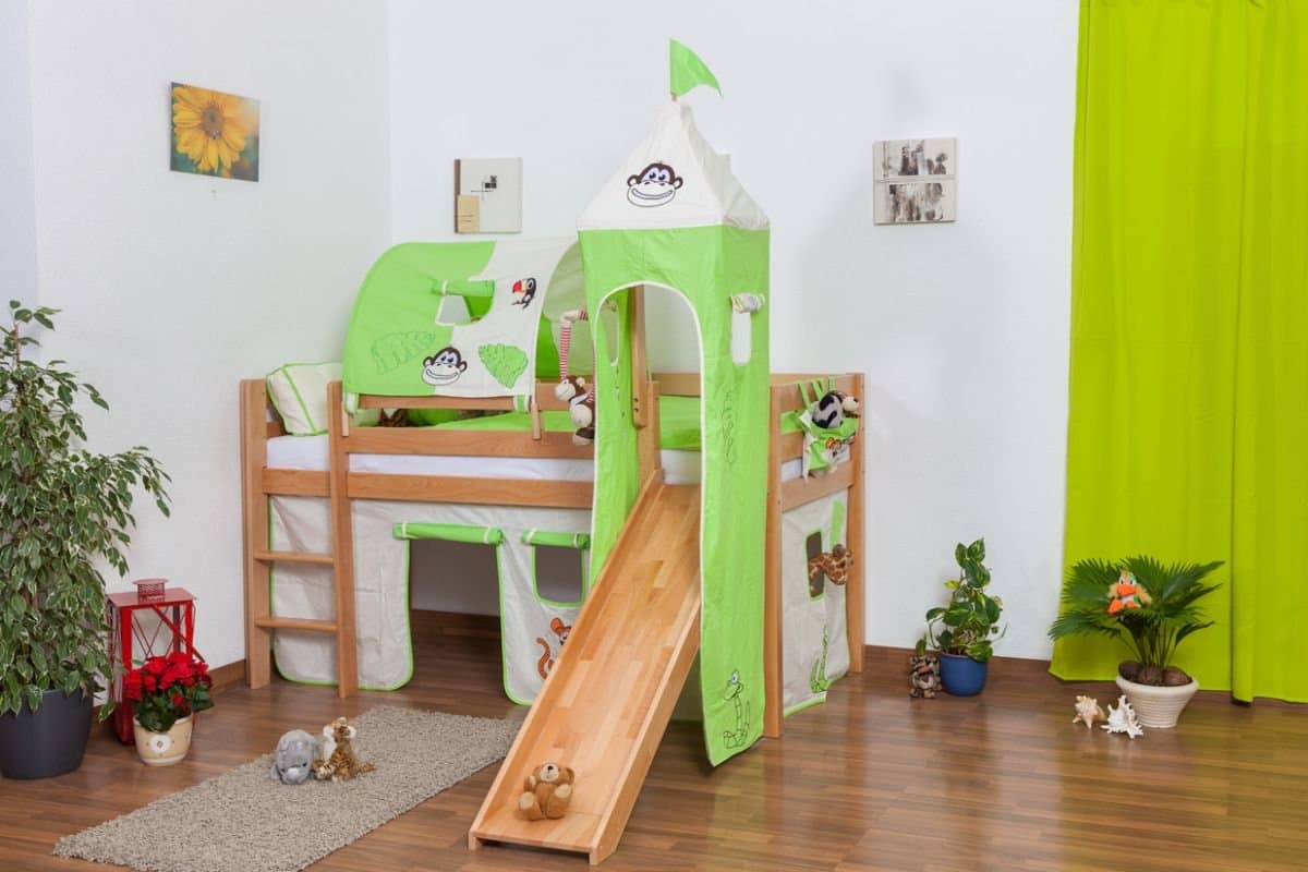 Midsleeper/Children's Bed Andi with Slide and Tower, Solid Beech Wood, Clearly Varnished, incl. slatted Frame - 90 x 200 cm
