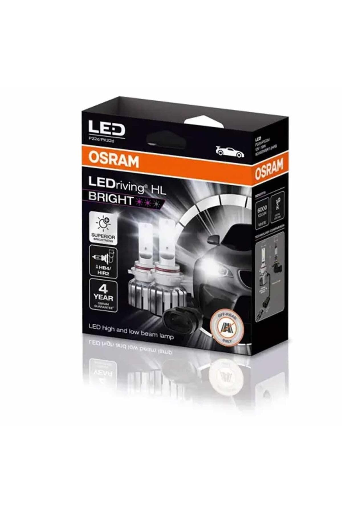 OSRAM LEDriving® HL BRIGHT, ≜ HB4(9006)/HIR2, LED High/Low Beam Lamps, Off-road only, non ECE, 300% more brightness, 6000K, Hanging Folding box (2 lamps)