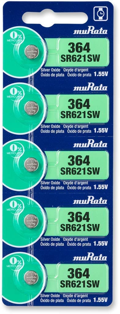 - Murata 364 Battery SR621SW 1.55V Silver Oxide Watch Button Cell (5 Batteries)
