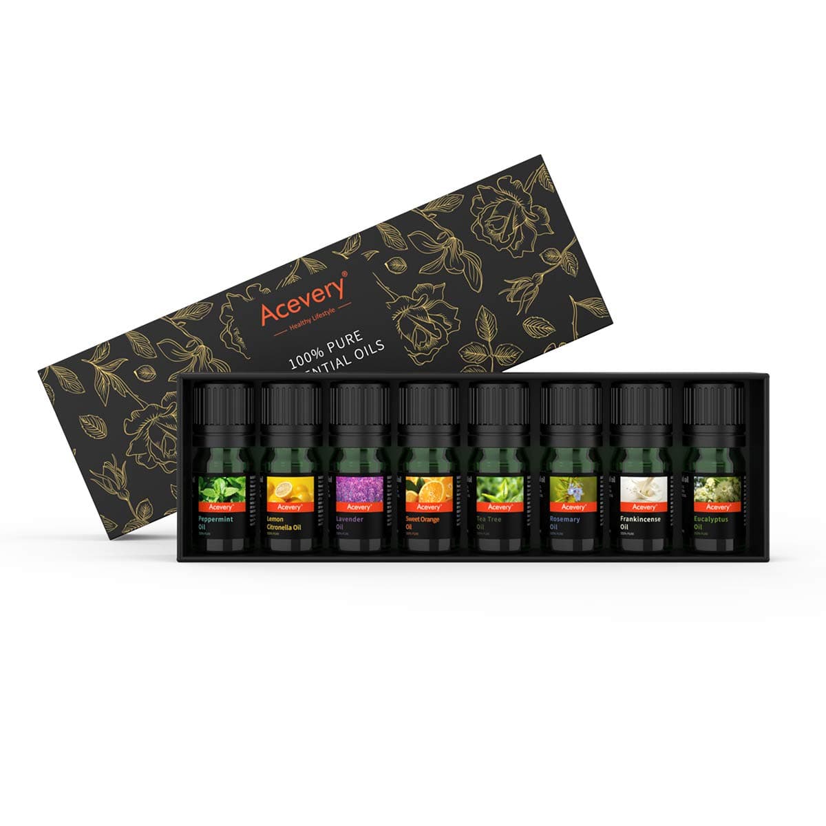 Aromatherapy Essential Oils, Acevery 100% Pure Essential Oils, Top 8 Gift Set - Lavender, Peppermint, Eucalyptus, Sweet Orange, Rosemary, Frankincense, Lemon, Tea Tree Diffuser Oils, 5 ml x 8 Bottle