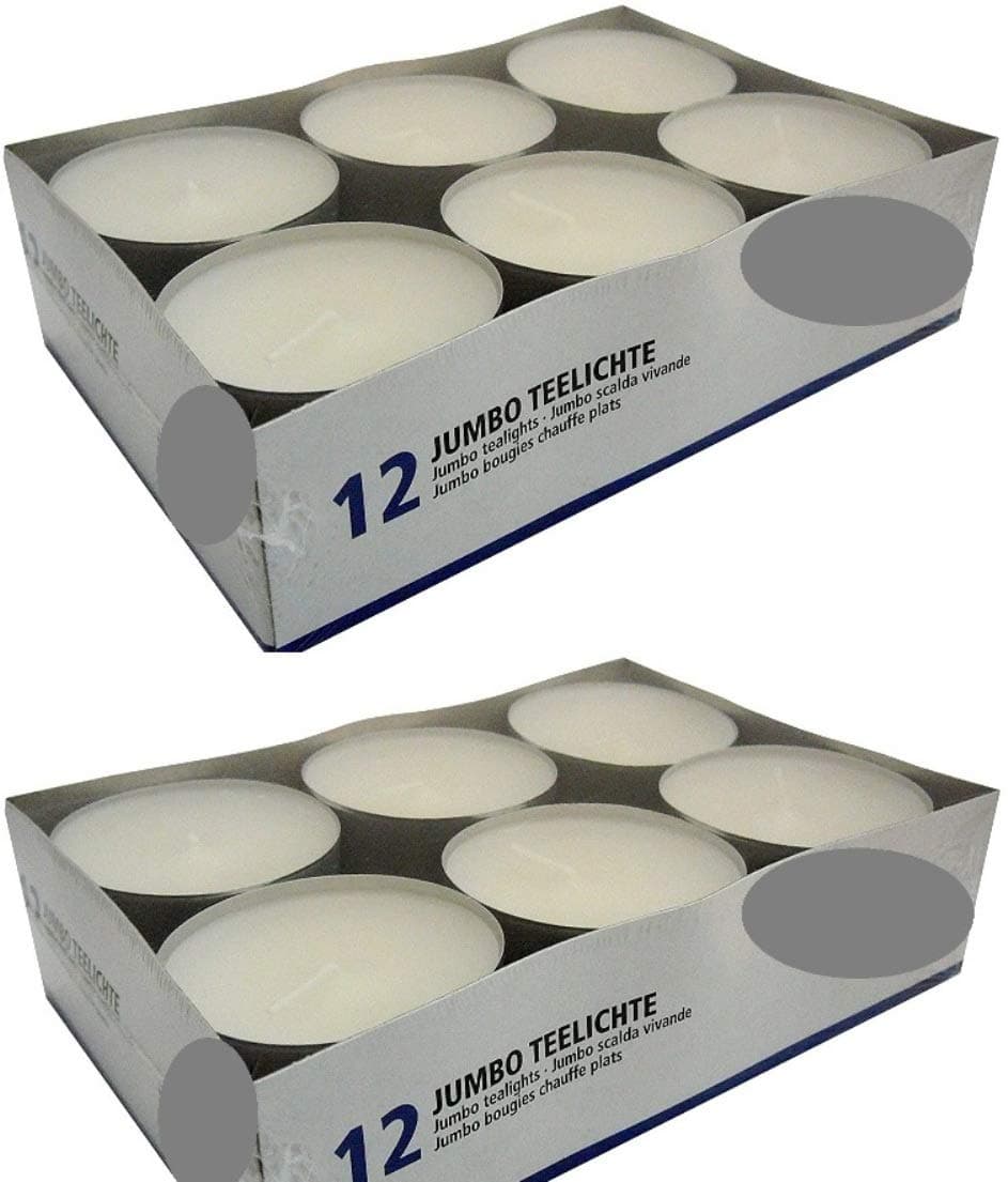 24 Maxi Tea Lights in Aluminium Container White, Jumbo Tea Lights / Candles, Scent Free, Catering Quality, (2 x Packs of 12 Maxi Tea Lights)