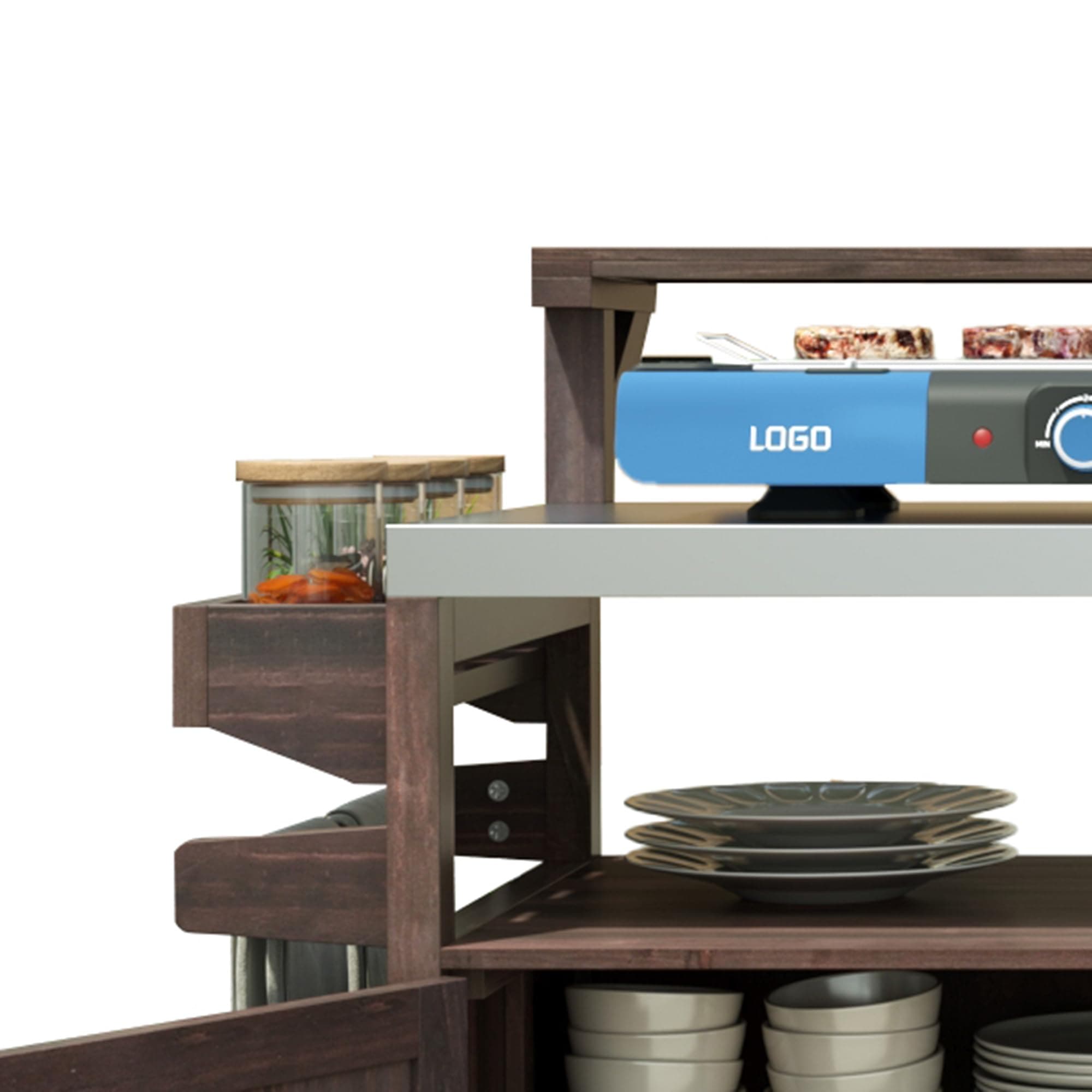 Outdoor Kitchen Island with Raised Shelf,Solid Wood Storage Cabinet with Stainless Steel Top,Outdoor Rolling Grill Cart with Internal Storage Rack, Adjustable Shelf,Spice Rack (Brown#028)