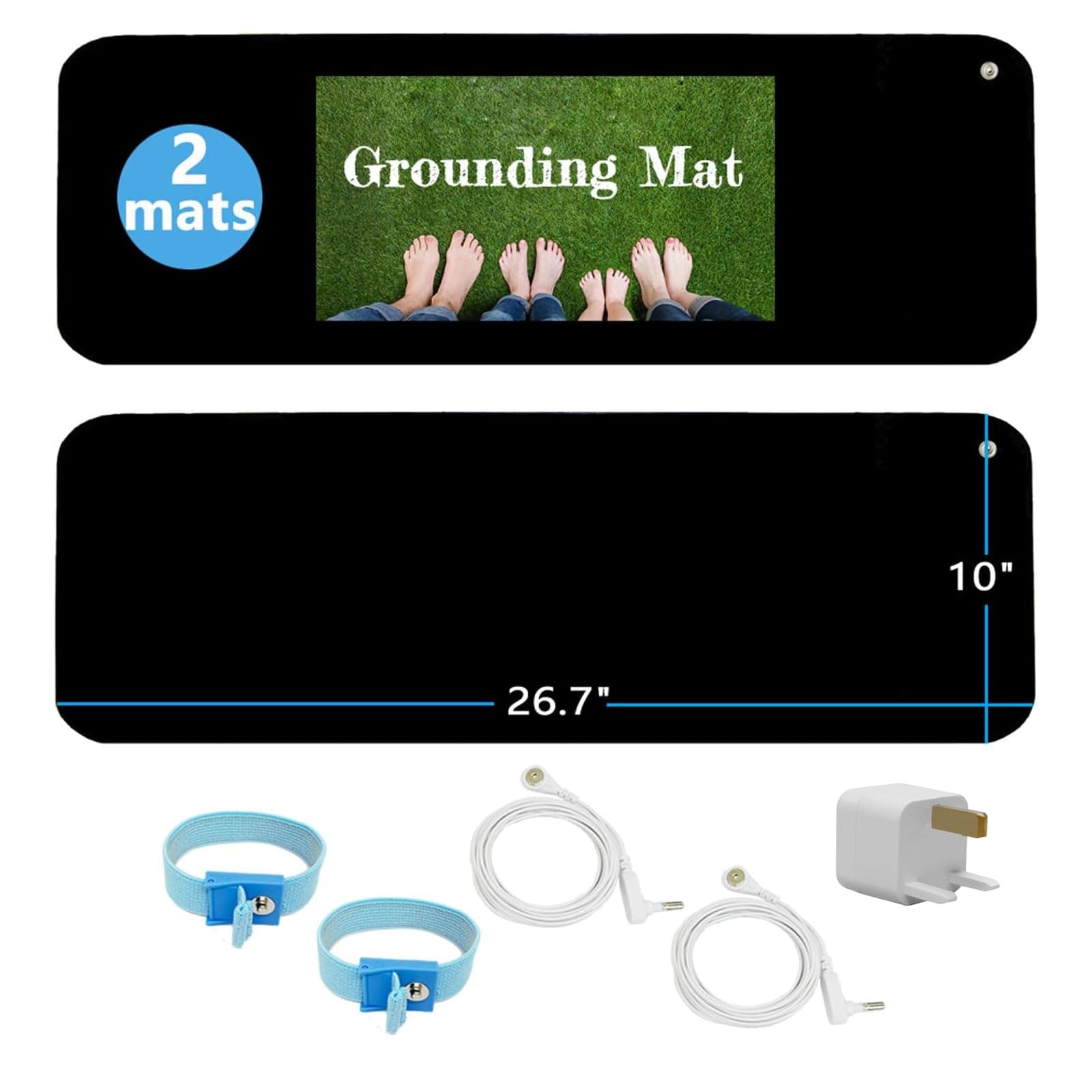 Grounding Mat Kit (2 Pack) - 2 Grounding Mats (10 x 26.7 inches) with Adapter, 2 Cords (15ft) and 2 Wristbands - Black, Reduce Inflammation, Improve Sleep, Help with Anxiety