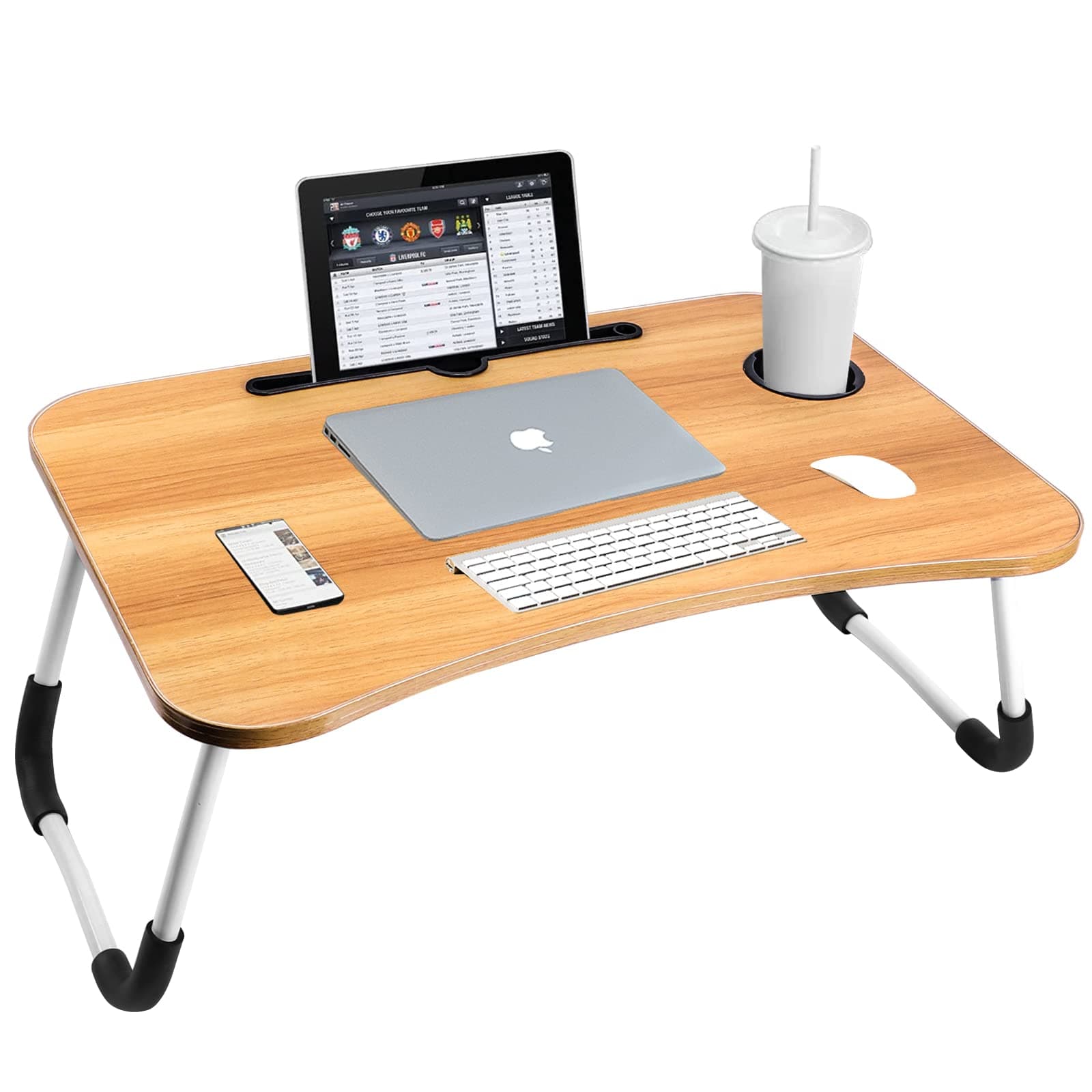 Sky-Touch Portable Folding bed Table, Laptop Desk With ipad and Cup Holder Adjustable Lap Tray Notebook Stand,Foldable Non-slip Legs Reading Table Tray for working,studing,camping 60×40×28cm Beige