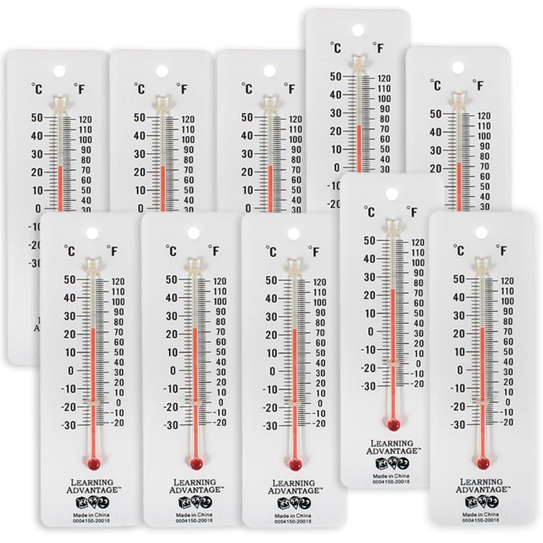 LEARNING ADVANTAGE Student Thermometers - Set of 10 - Dual-Scale - Mercury-Free - Easy To Read, Thermometers for Indoor Science and Classroom Use