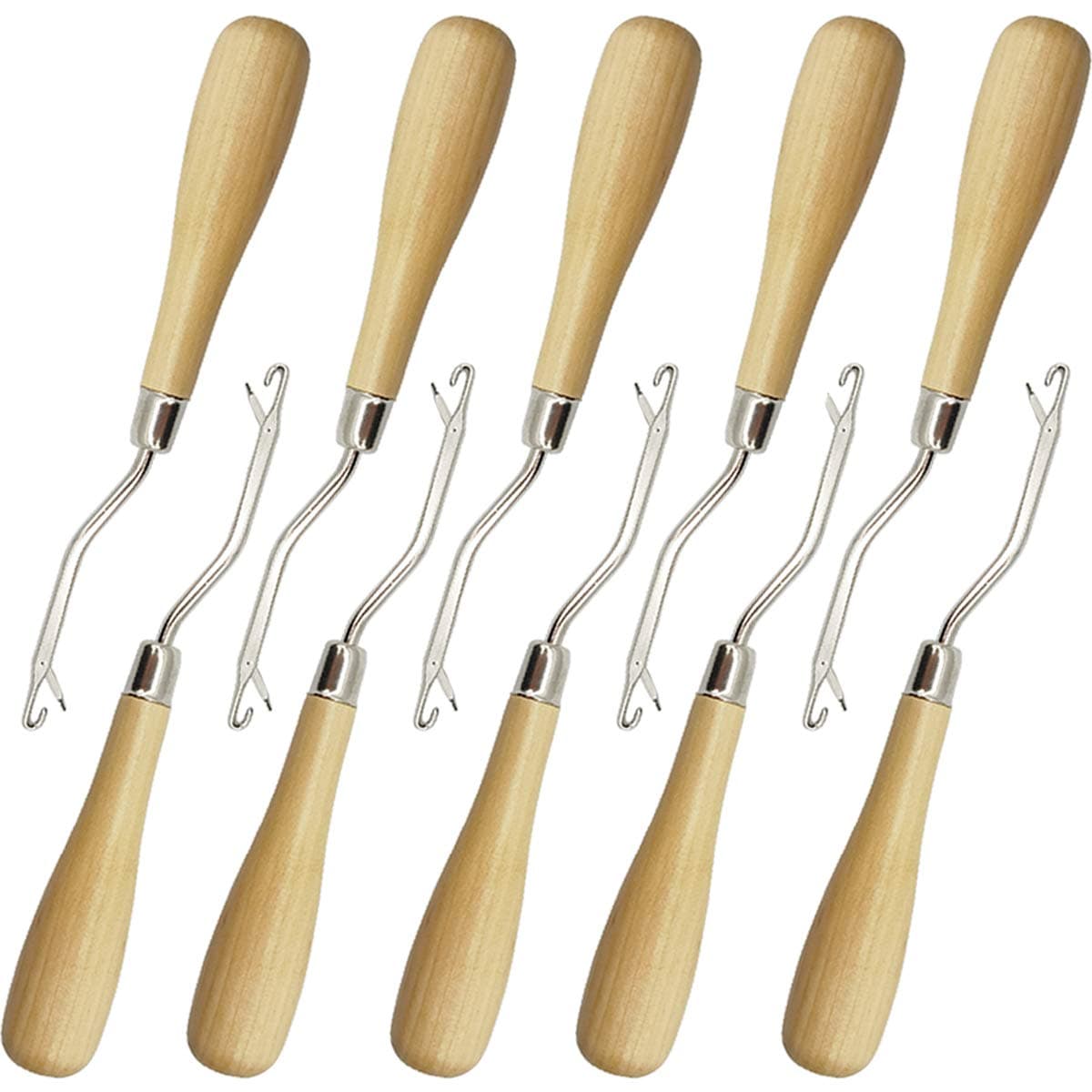 ROYHOO 10PCS Wooden Bent Latch Hook Tool Knitting Tool Needle Hook with Wood Handle for Crafts Carpet