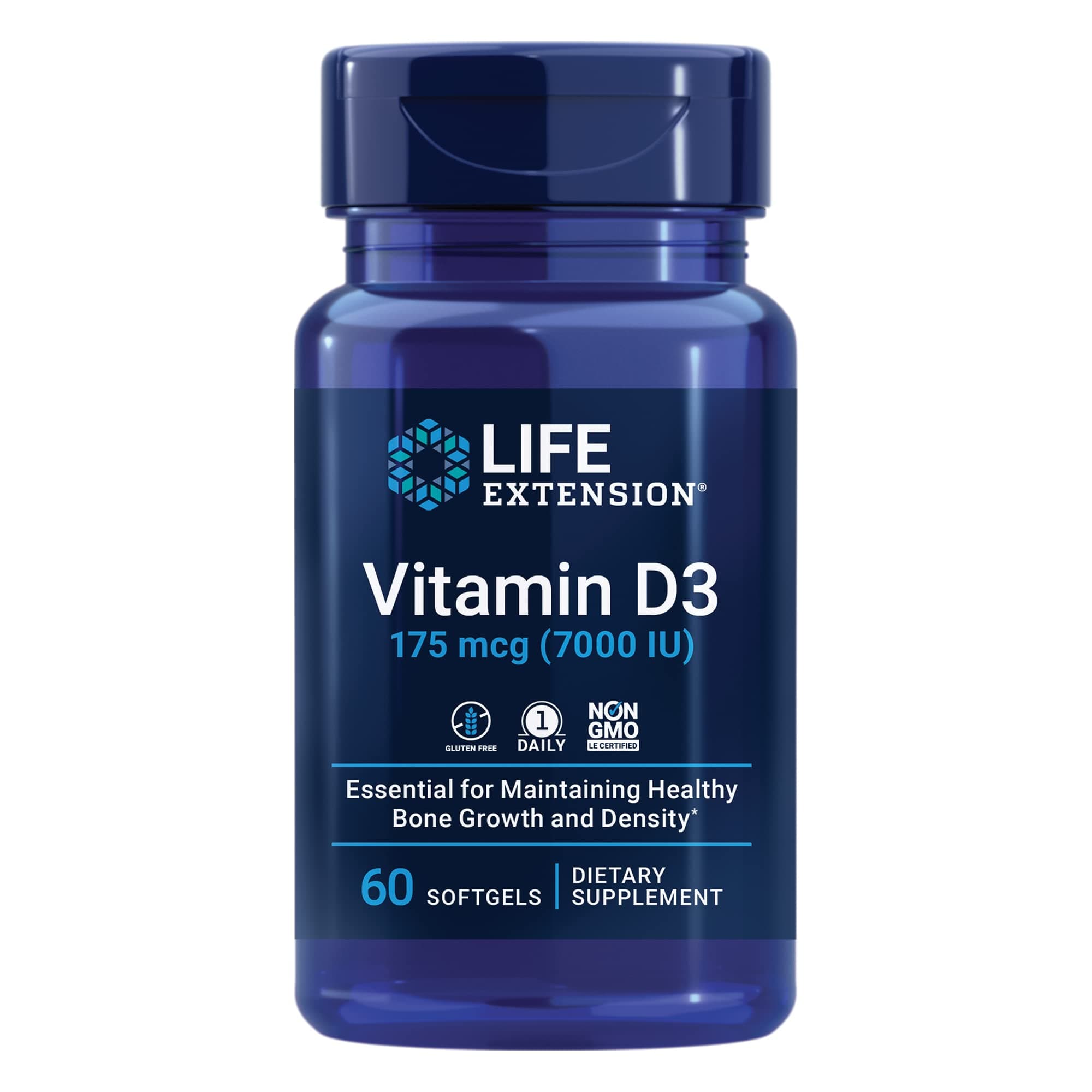 Vitamin D3 175 mcg (7000 IU), Immune System Support, Bone Health, Brain Performance, Gluten-Free, Non-GMO, Once Daily, Two-Month Supply, 60 softgels