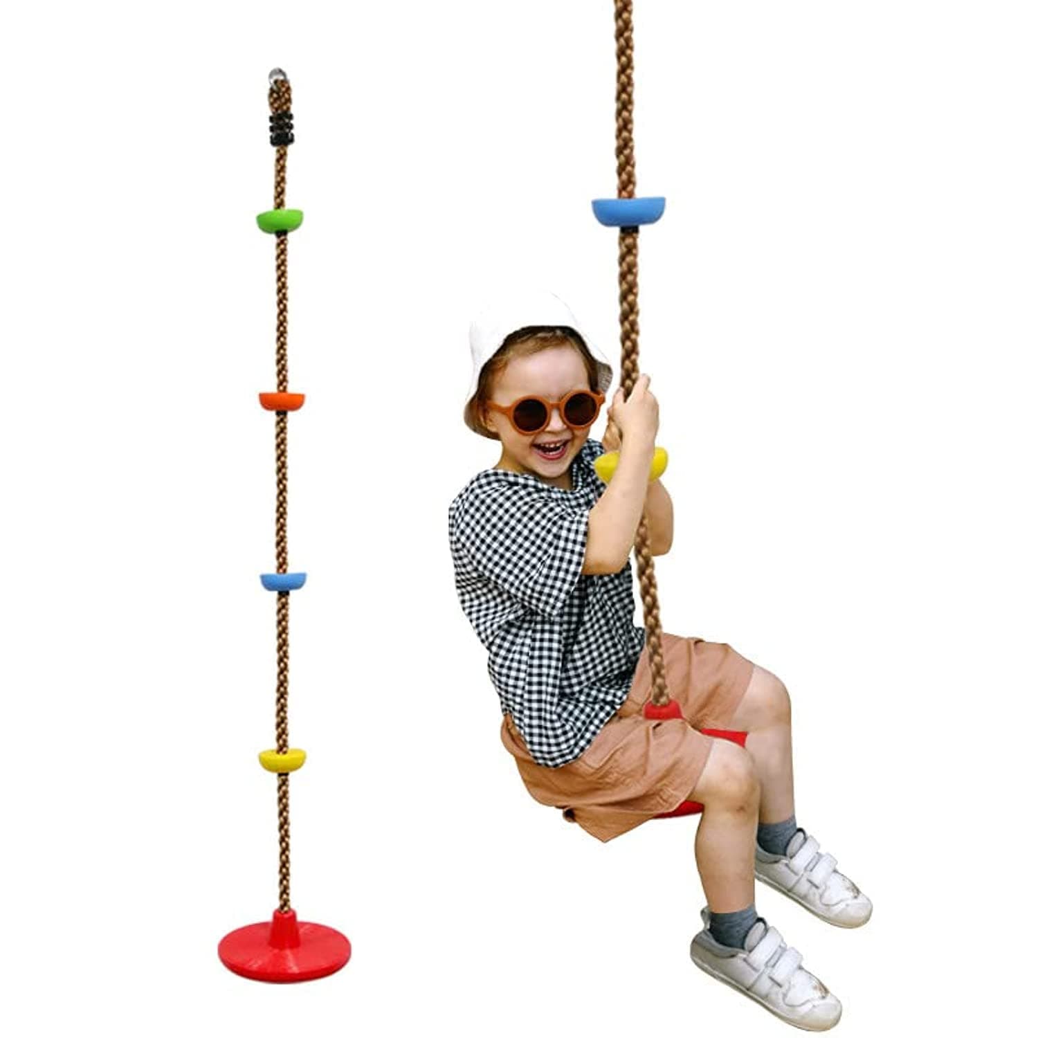 Climbing Rope Tree Swing with Platforms and Disc Swing Seat Set Outdoor Playground Accessories for Kids Including Hanging Strap & Carabiner
