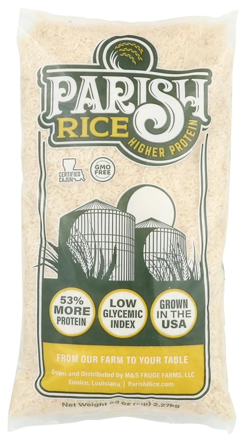 Parish White Rice – High-Protein Rice with Low Glycemic Index – Locally Grown Long-Grain White Rice – Made in the USA – Rich Nutrient Content – Ideal for Curry, Desserts, Stir-Fry – 5lb Bag