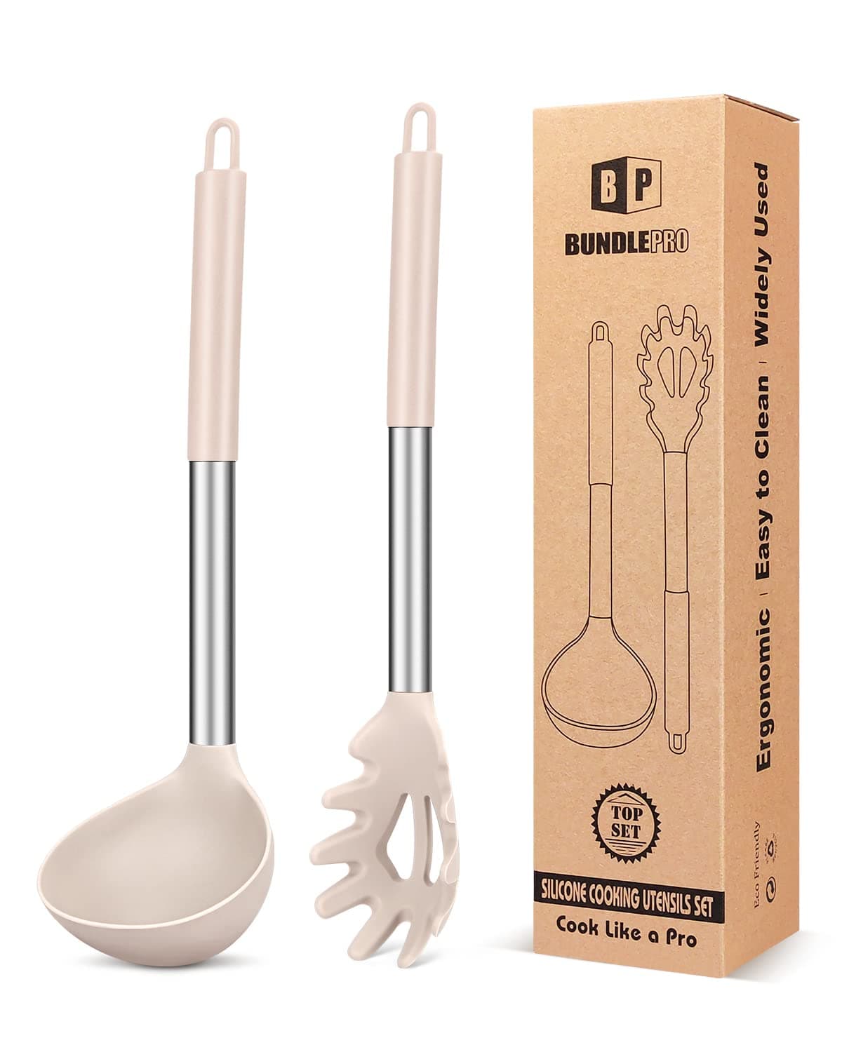 - Silicone Pasta Fork and Ladle Spoon Set, Large Non Stick Kitchen Utensils for Cooking,Stirring,Serving Spaghetti, Soup, Sauce (KHAKI)
