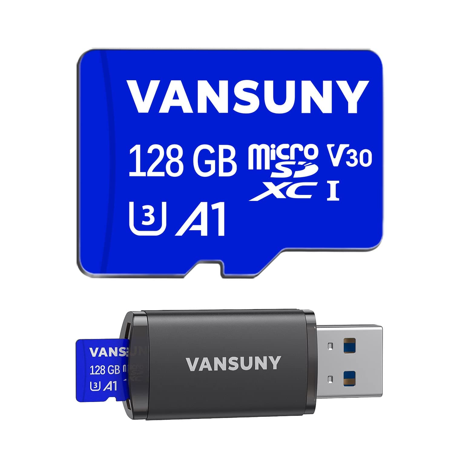 Vansuny128GB Micro SD Card + USB 3.0 Card Reader microSDXC Memory Card A1 App Performance V30 4K Video Recording C10 U3 Micro SD for Phone, Security Camera, Dash Cam, Action Camera