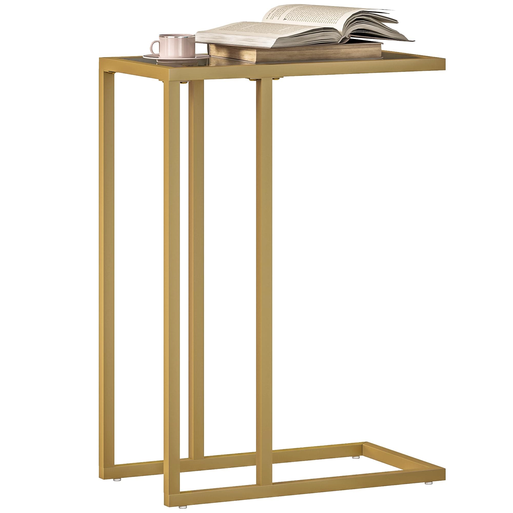 HOMCOM C-Shaped Side Table, Modern Slim End Table with Tempered Glass Tabletop, Steel Frame for Small Space, Living Room, Bedroom, Gold Tone
