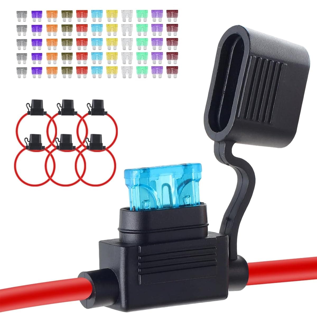 Serplex® 6Pcs 12V Inline Fuse Holder with 55Pcs Standard Car Fuses - 12 AWG Waterproof In Line Holders for Marine Auto